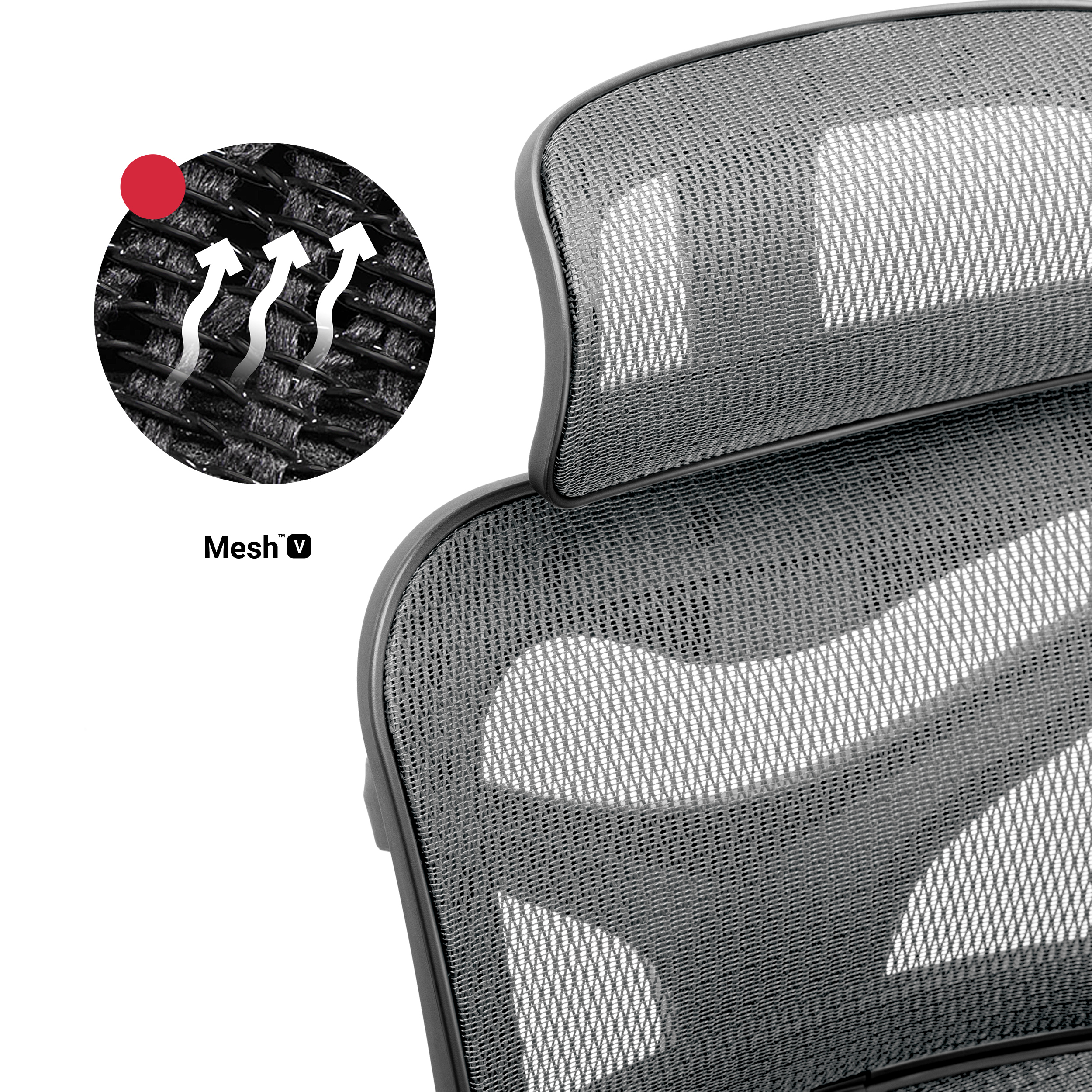 Zbliżenie zagłówka krzesła biurowego z siatki ze schematem przepływu powietrza.