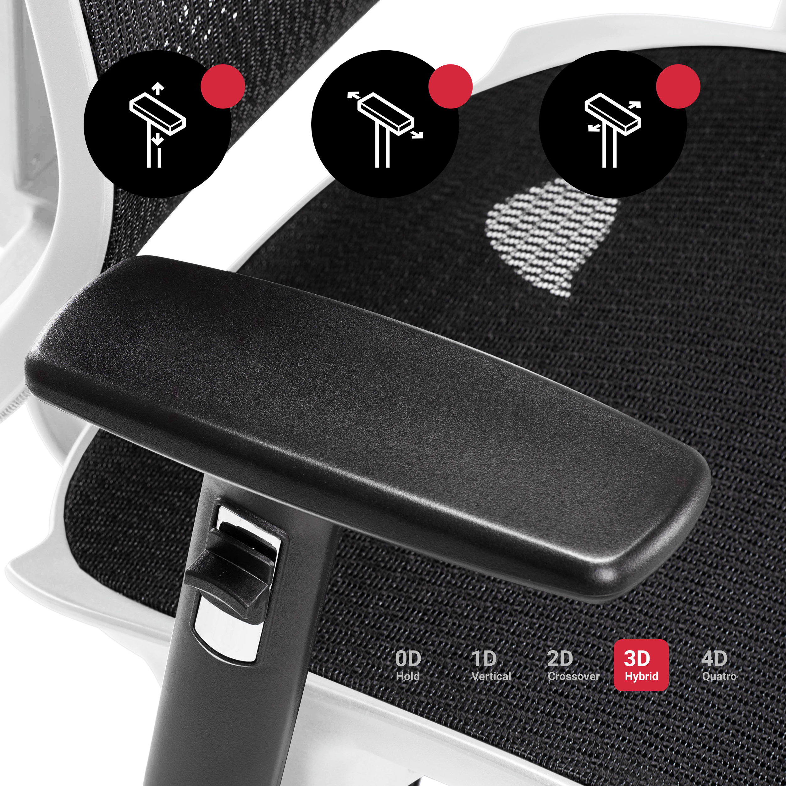 Zbliżenie czarno-białego krzesła biurowego. Pokazane są instrukcje.