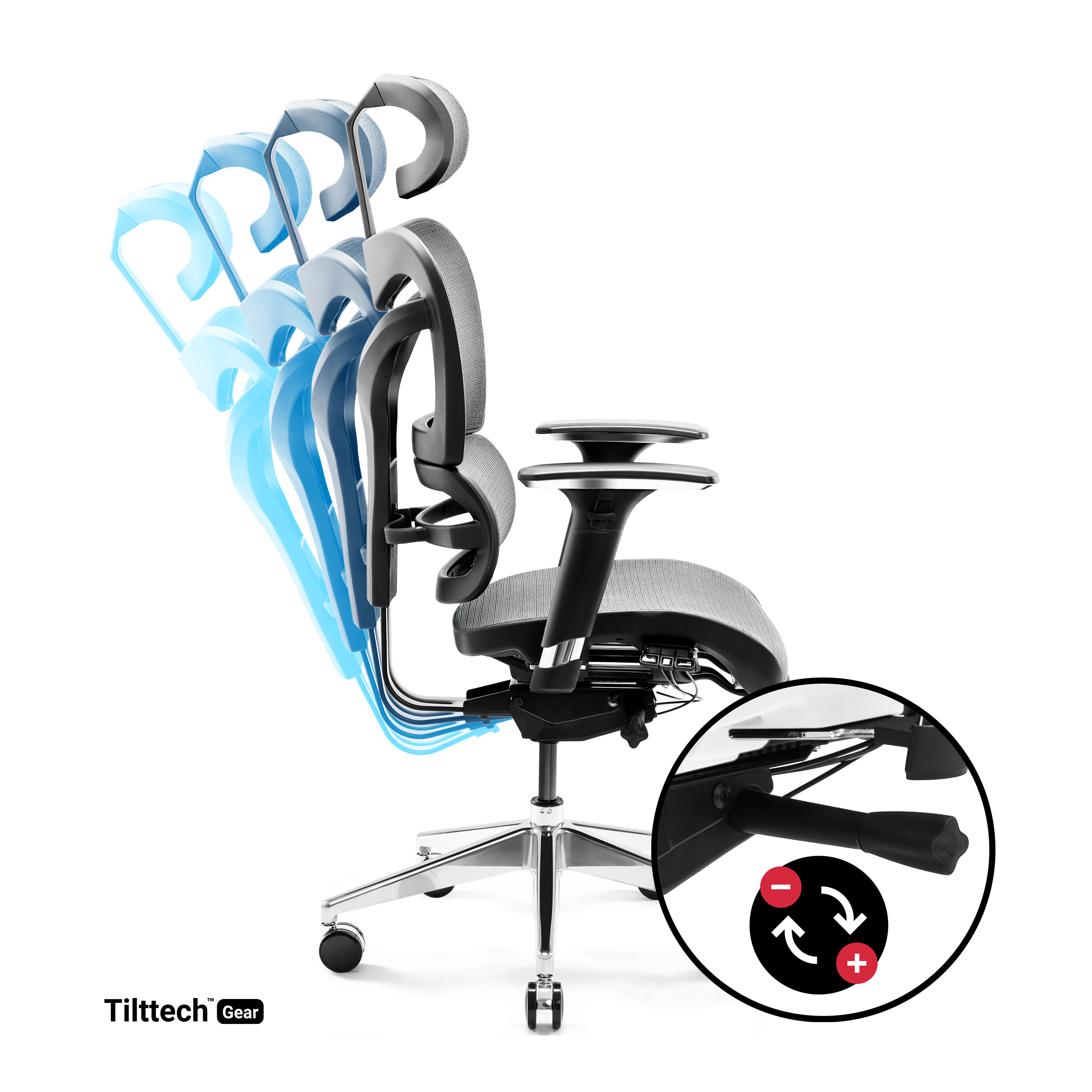 Ergonomiczne krzesło biurowe z funkcją pochylania, podświetlane strzałkami i +/- na białym tle.