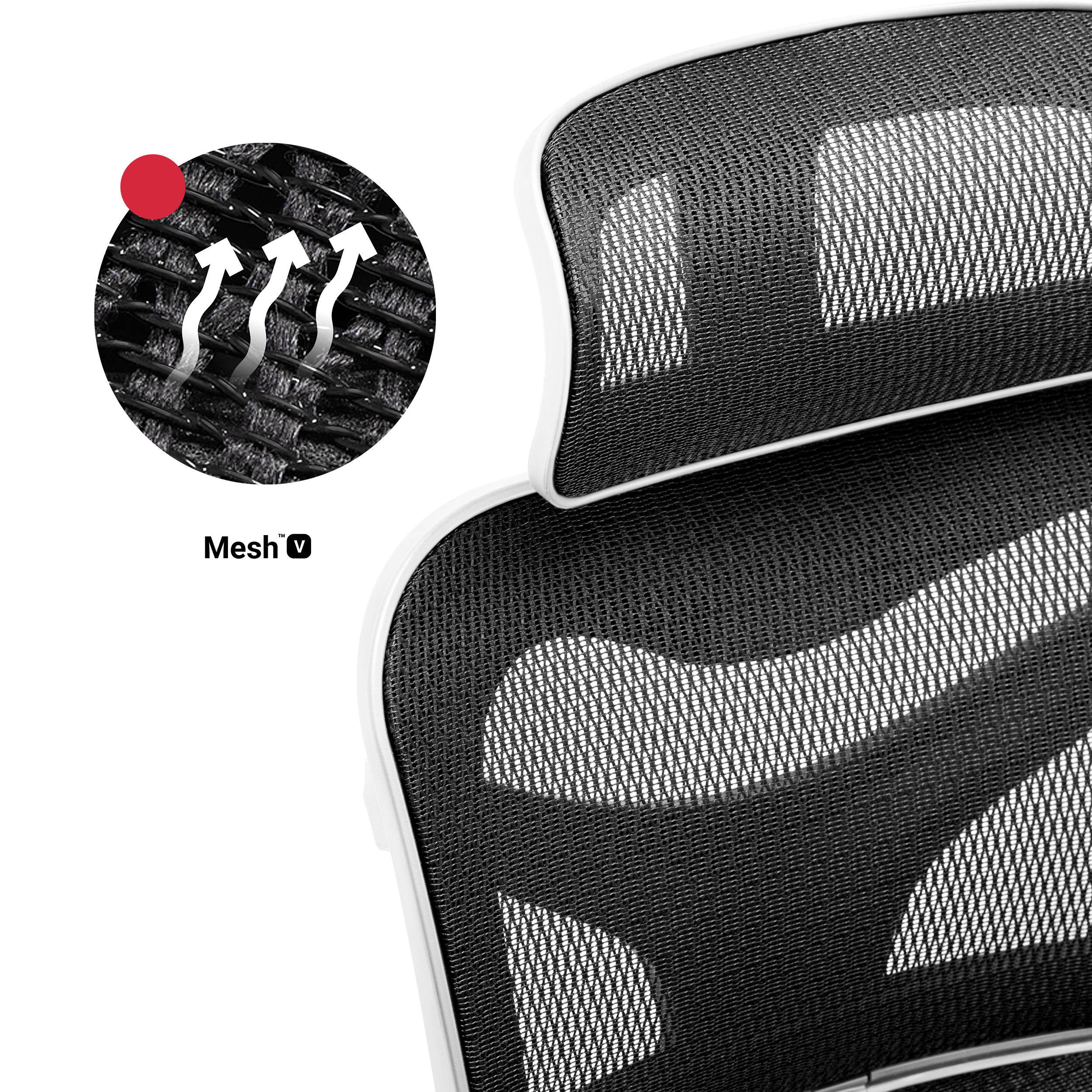 Zbliżenie czarnego oparcia krzesła z siatki. Strzałki wskazują przepływ powietrza. Białe akcenty.