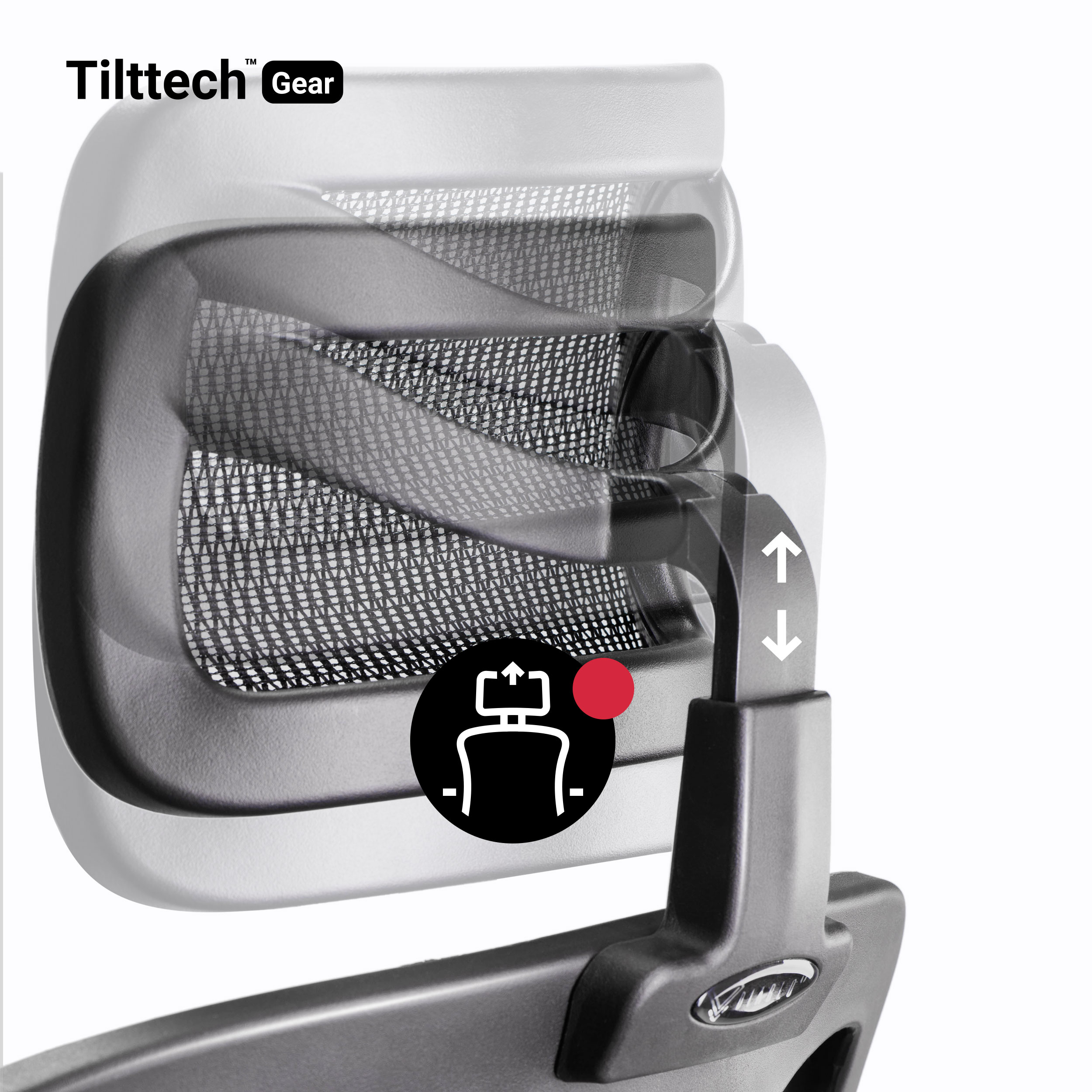 Zbliżenie zagłówka fotela do gier z logo Tilttech Gear i kierunkami regulacji.