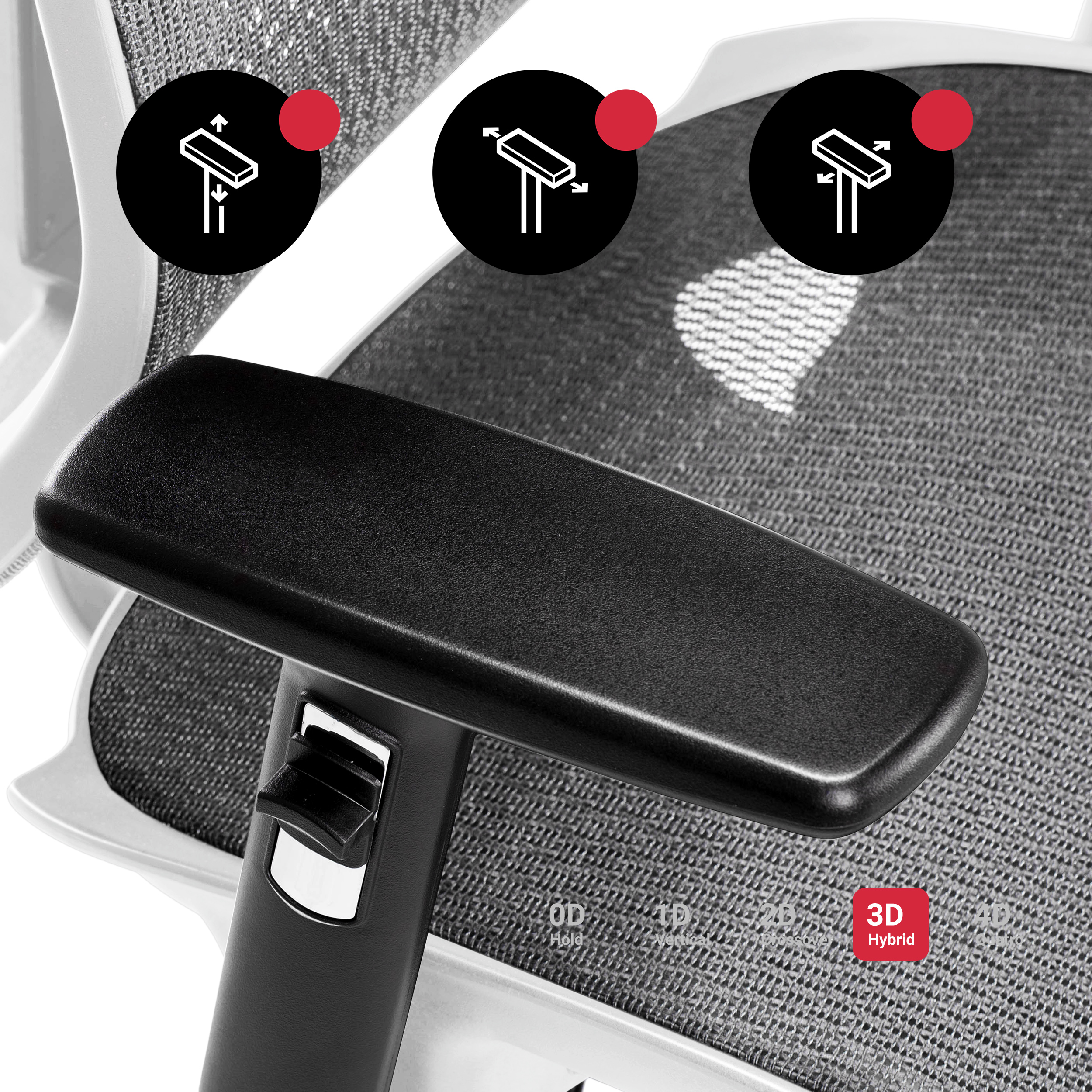 Zbliżenie podłokietnika krzesła z ikonami regulacji. Pokazuje hybrydę 3D i regulację ramienia.