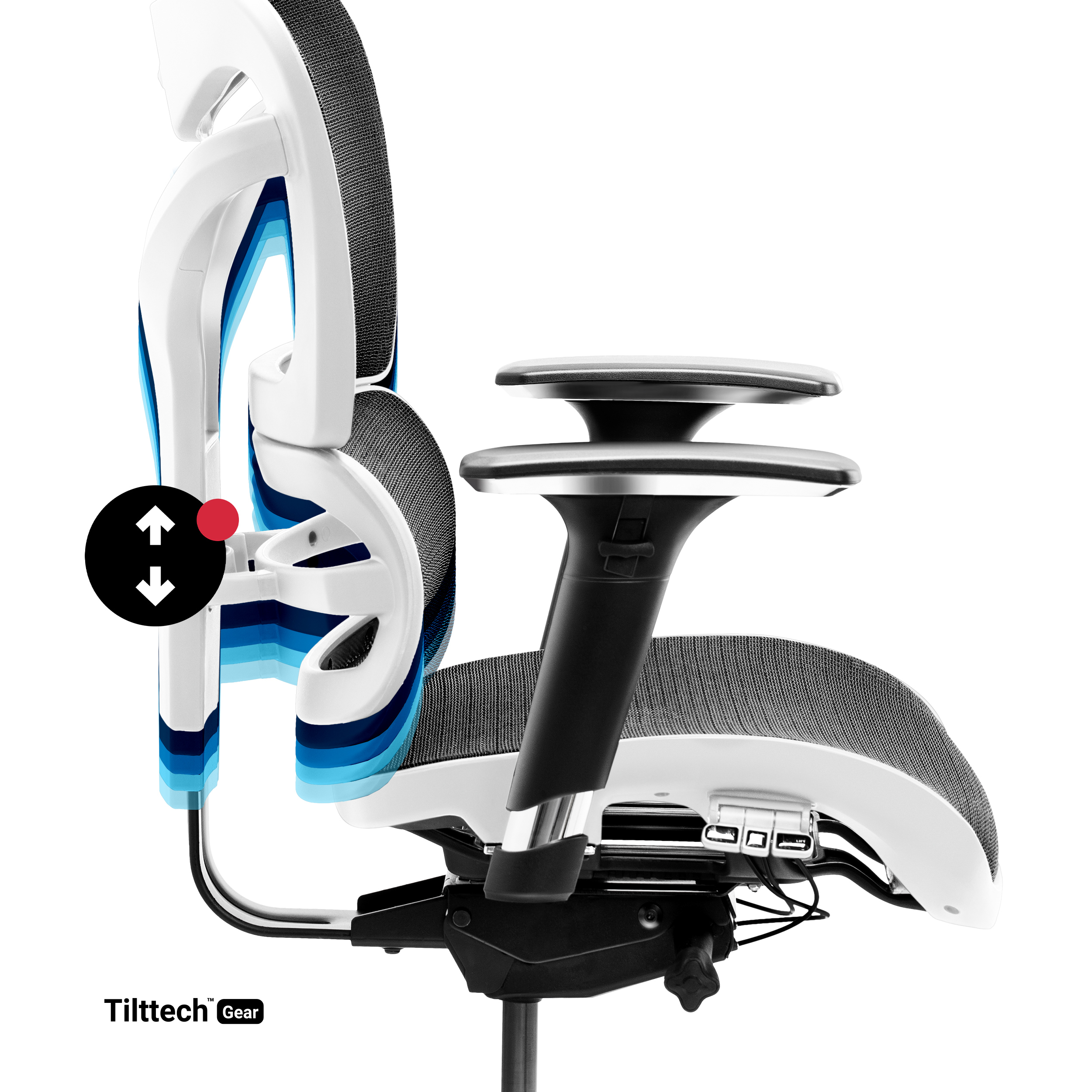 Ergonomischer Bürostuhl. Weißes Gestell, graues Netzrücken und -sitz, schwarze Armlehnen und Basis.