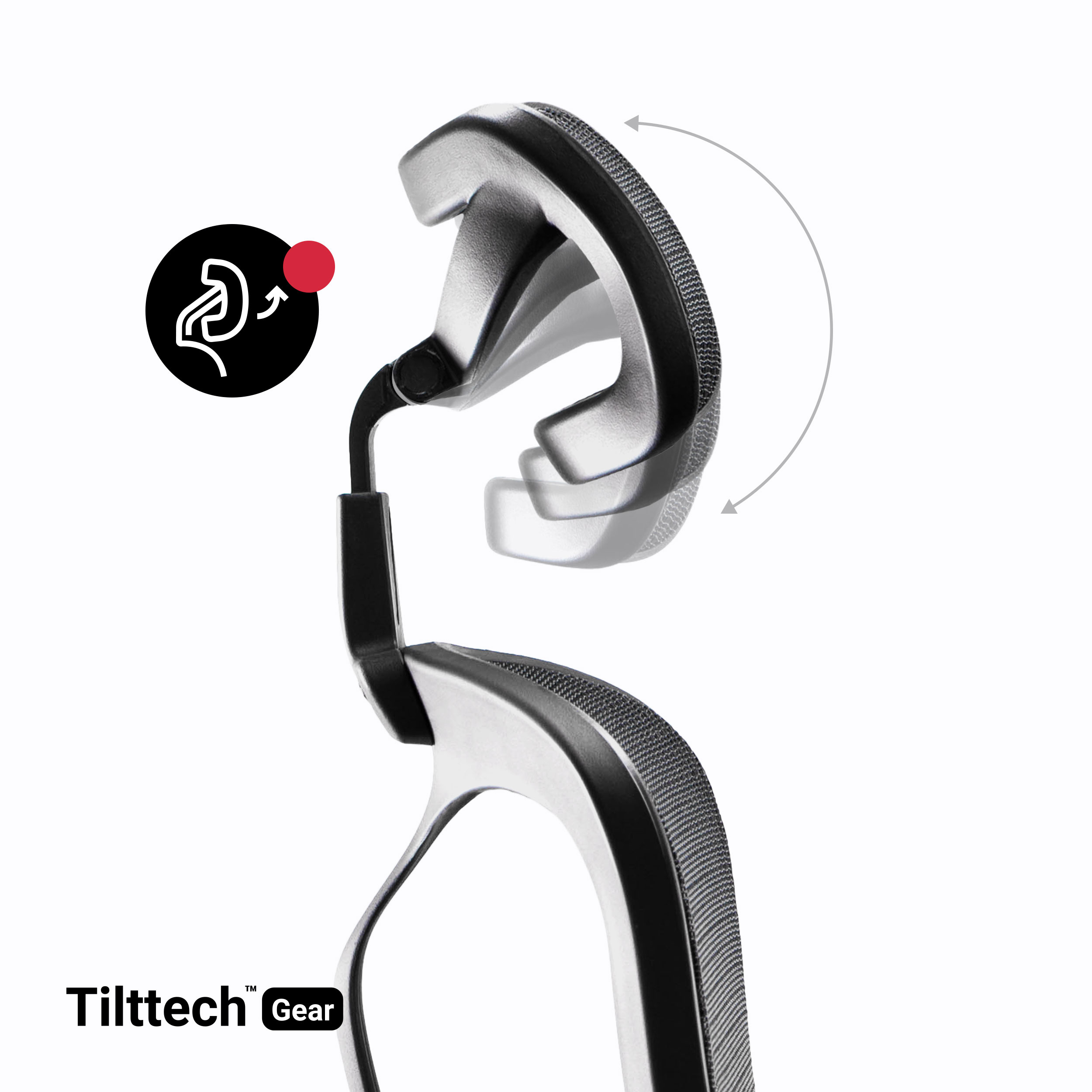 Czarny i szary zagłówek krzesła przechylający się, ze strzałką i diagramem.