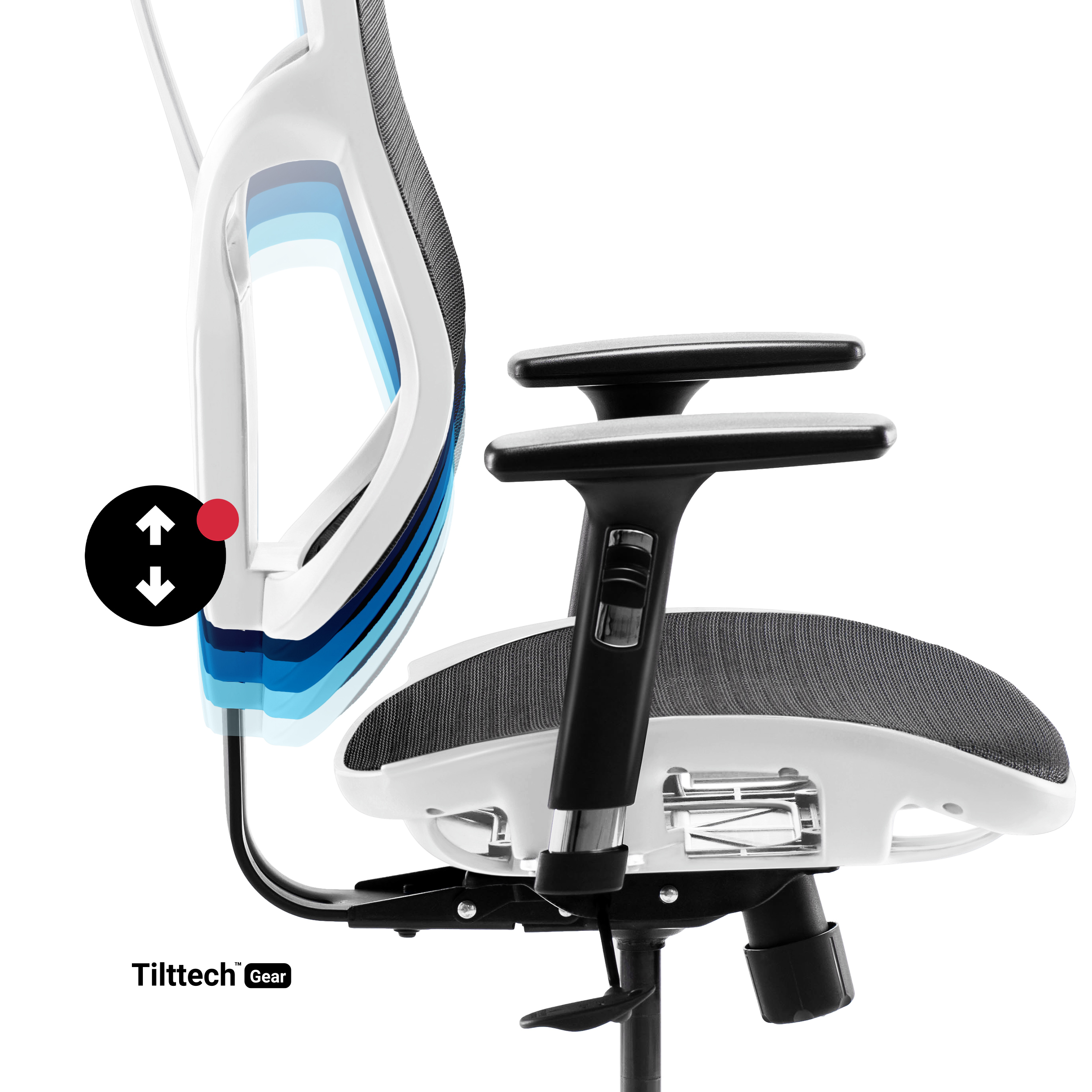 Nahaufnahme eines ergonomischen Bürostuhls mit verstellbaren Funktionen in Schwarz-Weiß.