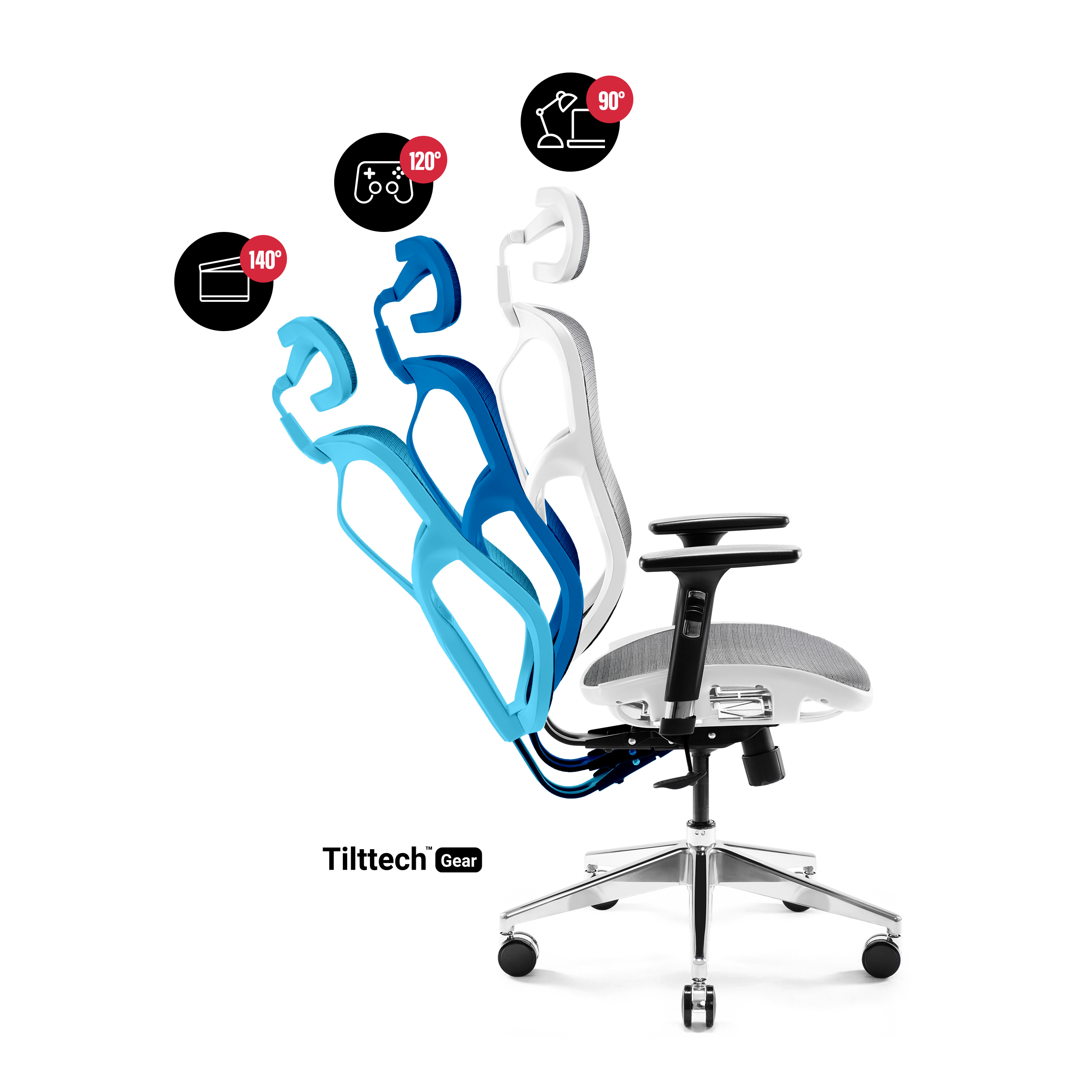Ergonomiczne krzesło biurowe z regulacjami. Krzesło z wieloma regulowanymi częściami. Białe tło.