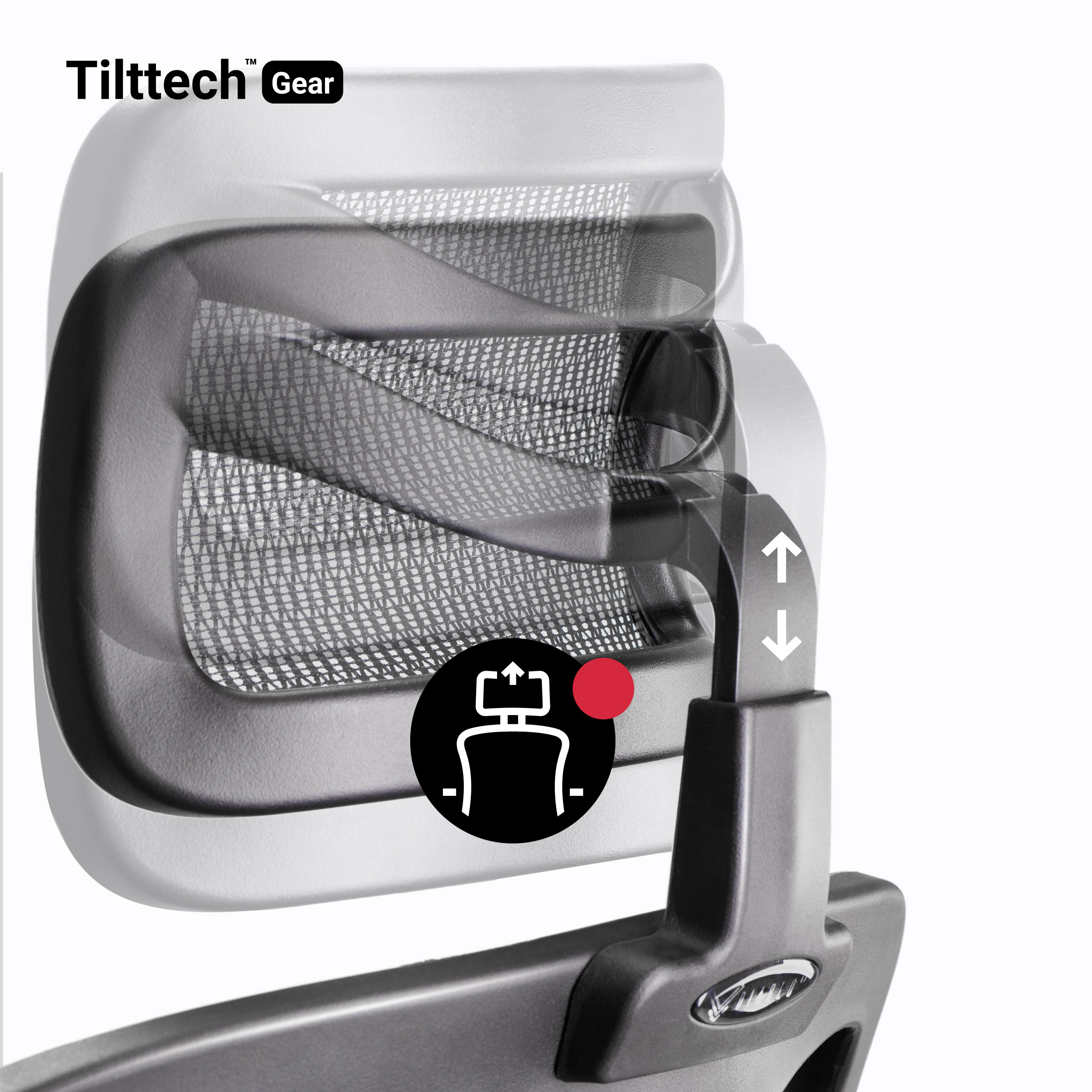 Zbliżenie zagłówka krzesła biurowego z strzałkami regulacji na białym tle.