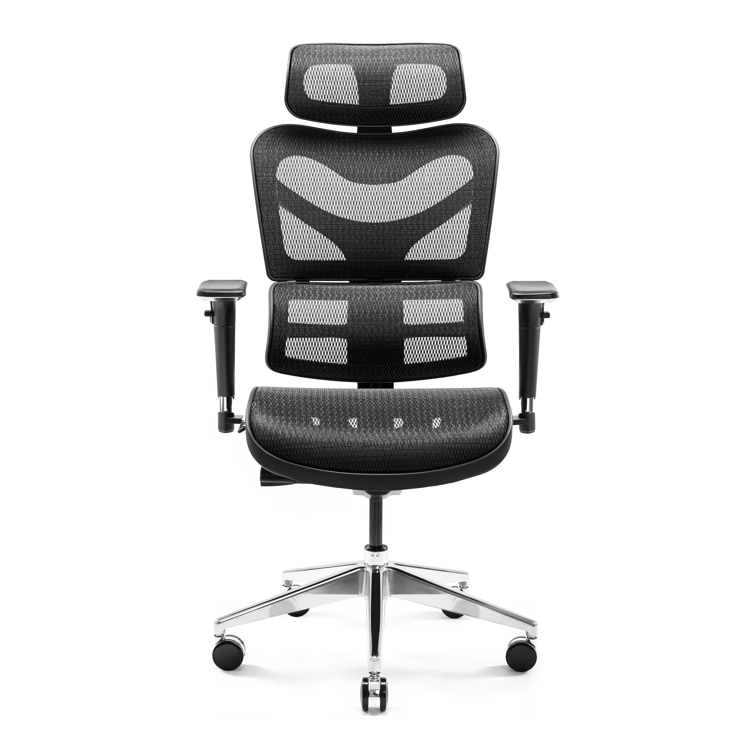 Schwarzer ergonomischer Bürostuhl mit Kopfstütze, Netzrücken, Armlehnen und Chromfuß.