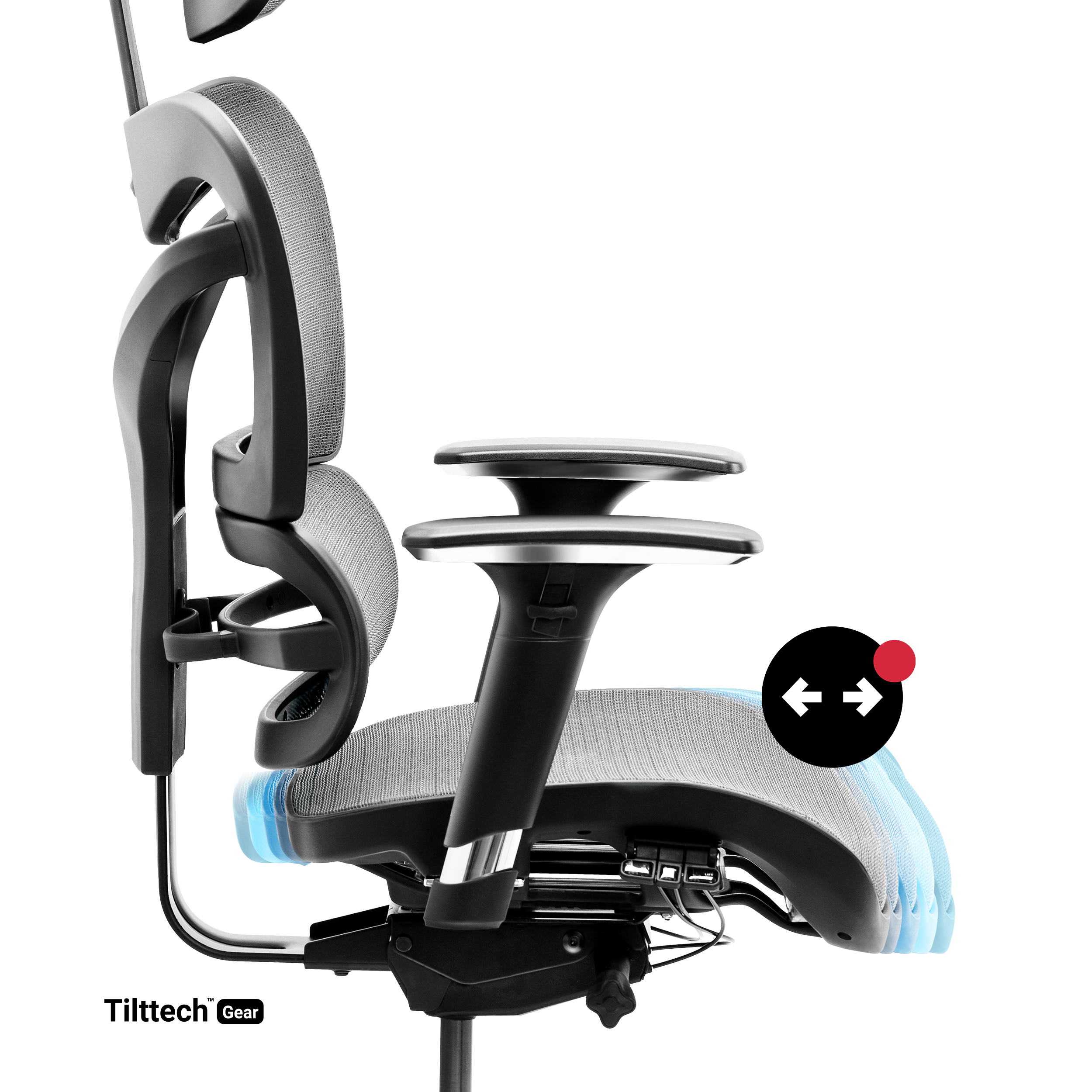 Ergonomischer Bürostuhl, Seitenansicht, graues Netz, schwarzer Rahmen und Kippmechanismus.