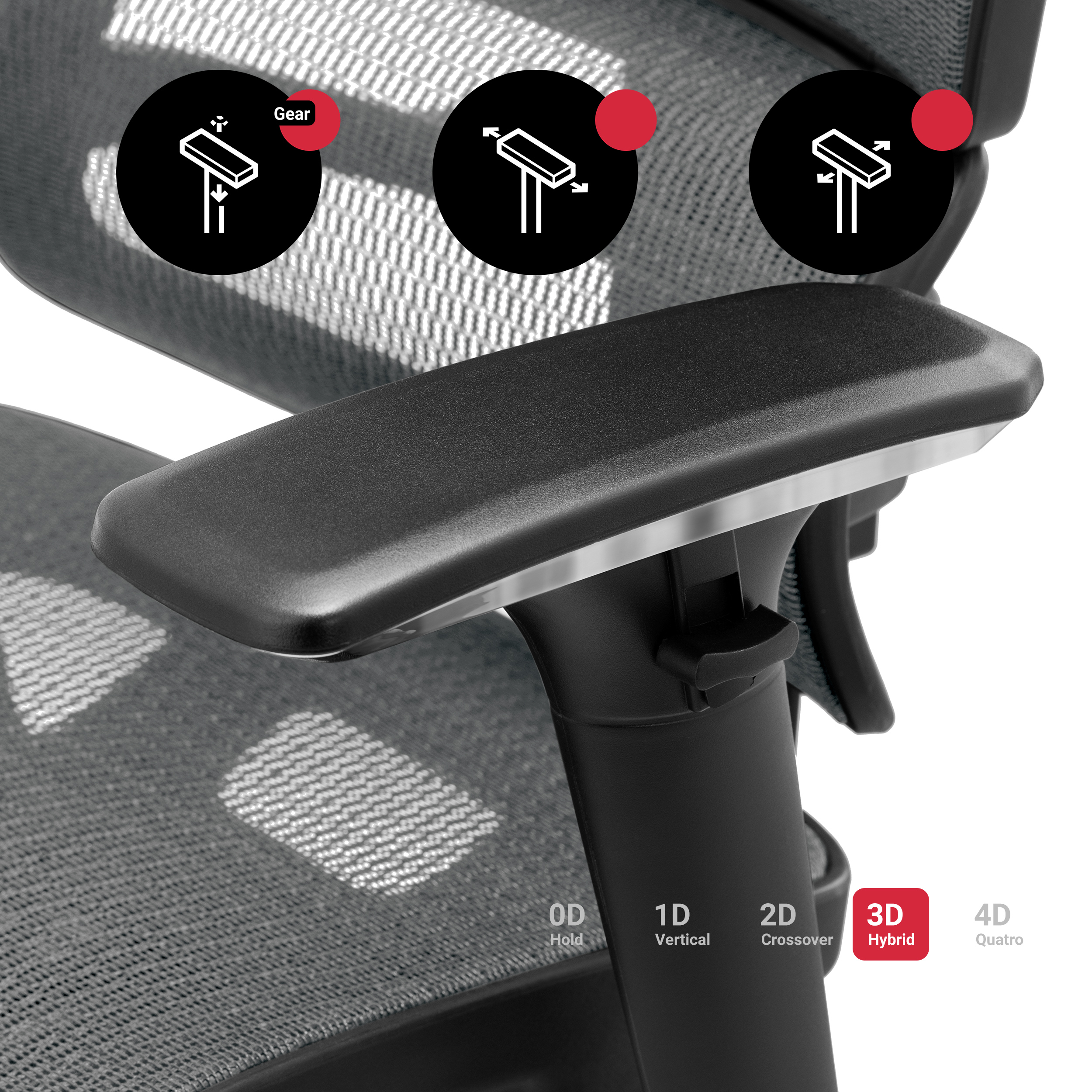 Zbliżenie podłokietnika krzesła biurowego z ikonami kół zębatych. Podłokietnik jest czarny ze srebrnymi akcentami.