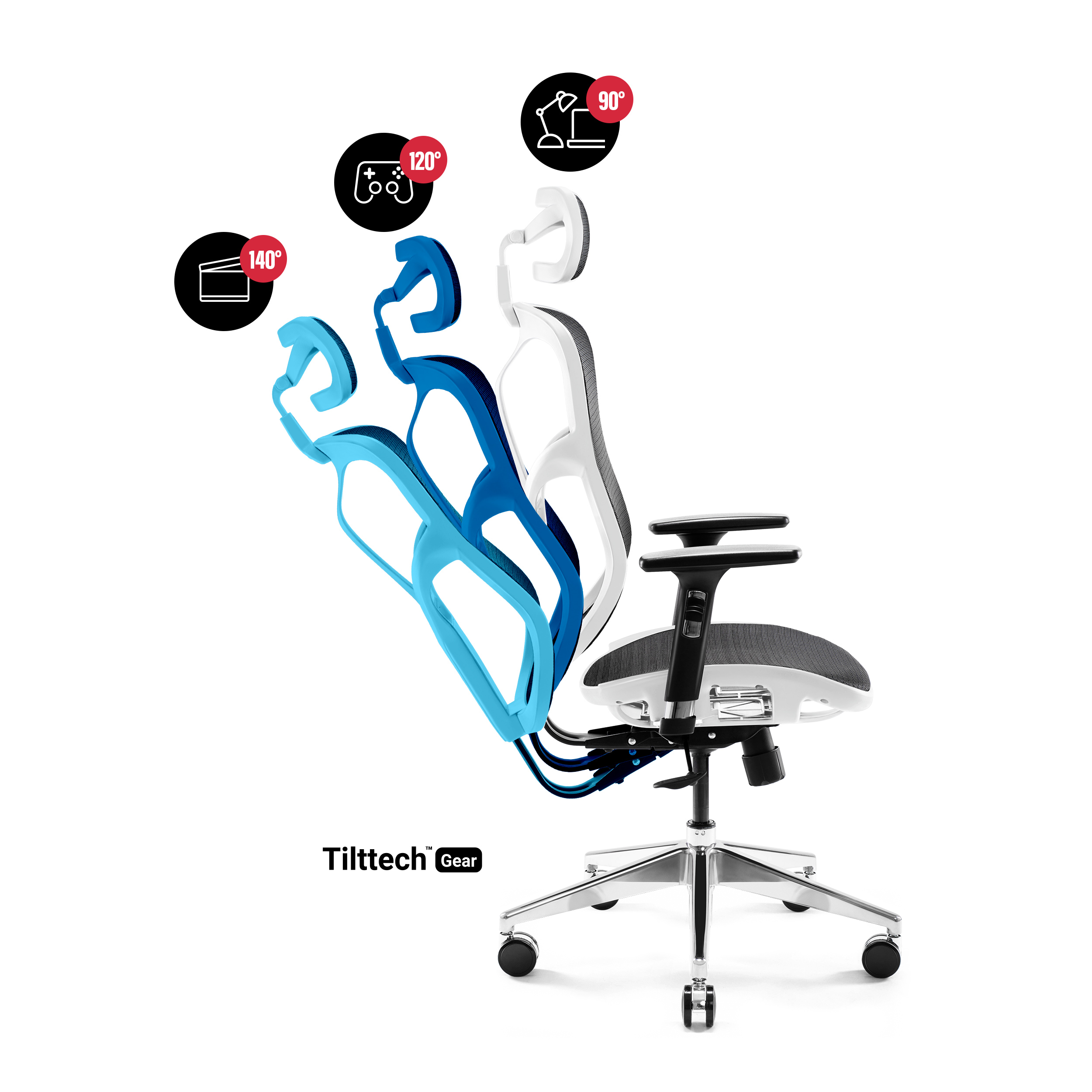 Ergonomiczne krzesło biurowe z regulowanymi kątami pochylenia, w kolorze niebieskim, białym i czarnym ze srebrną podstawą.