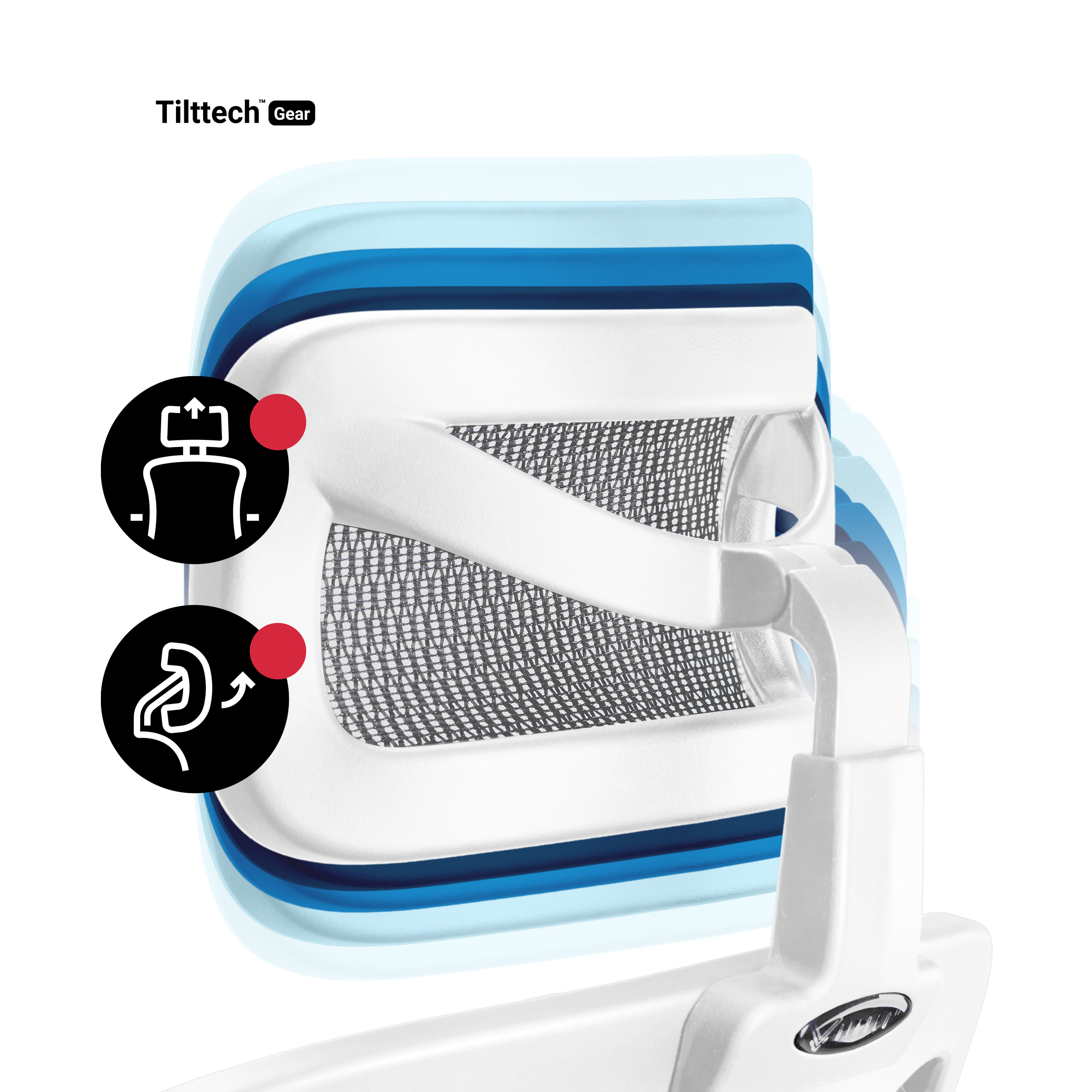 Schemat oparcia krzesła z wentylacją powietrzną, pokazujący regulacje oparcia pleców i podparcia lędźwiowego, na białym tle.