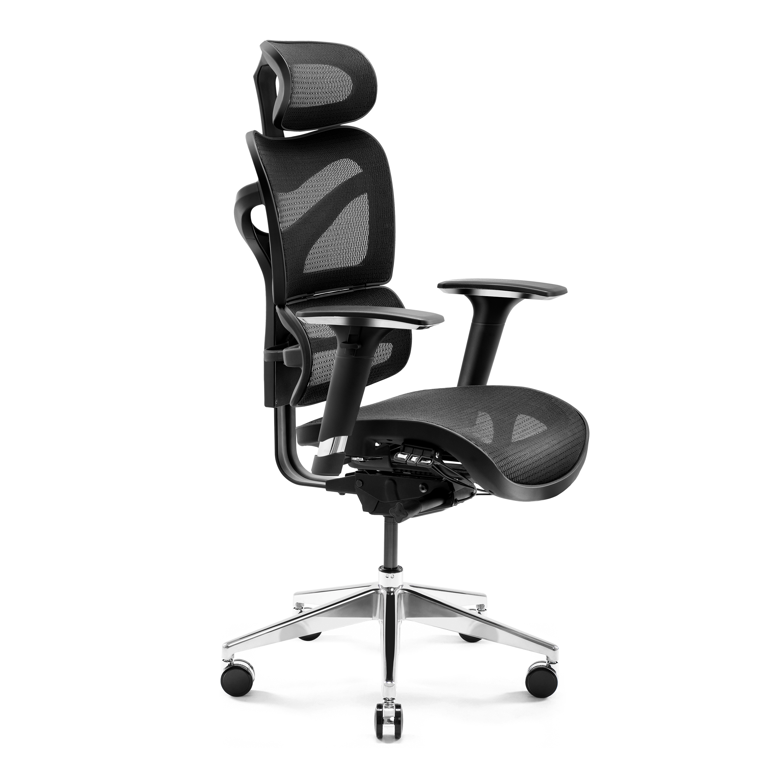Ergonomischer schwarzer Bürostuhl mit Kopfstütze, Armlehnen und Netzrücken. Er hat ein Chromgestell.