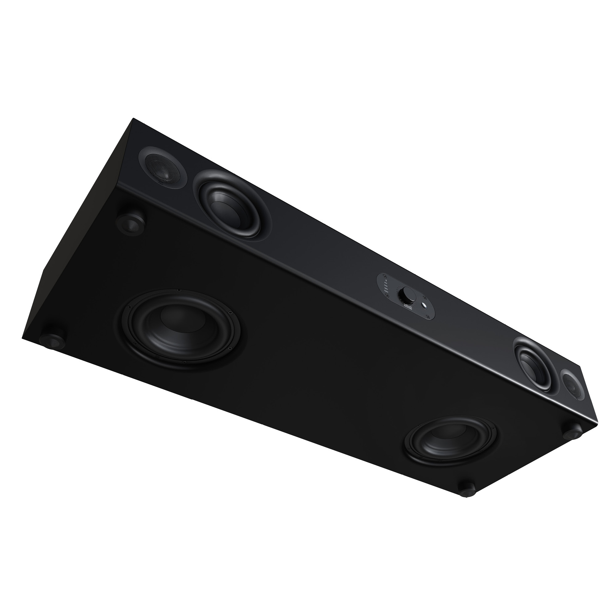 Schwarzes Soundbar-Lautsprechersystem. Schräge Ansicht. Isoliert auf Weiß.