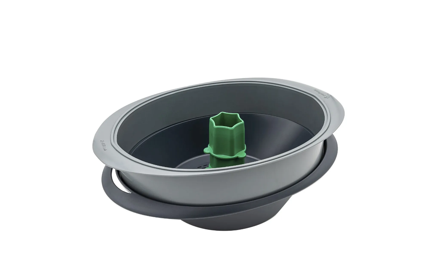 Sfondo bianco con un utensile da cucina grigio e verde. L'utensile ha due parti e una parte centrale verde.