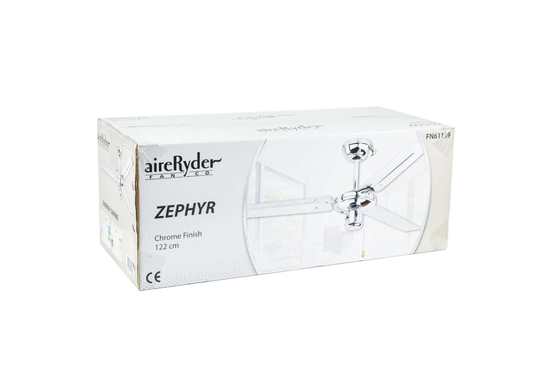 Eine Box mit der Aufschrift 'aireRyder FAN CO' mit Deckenventilatorbild und 'ZEPHYR' Text auf weißem Grund.