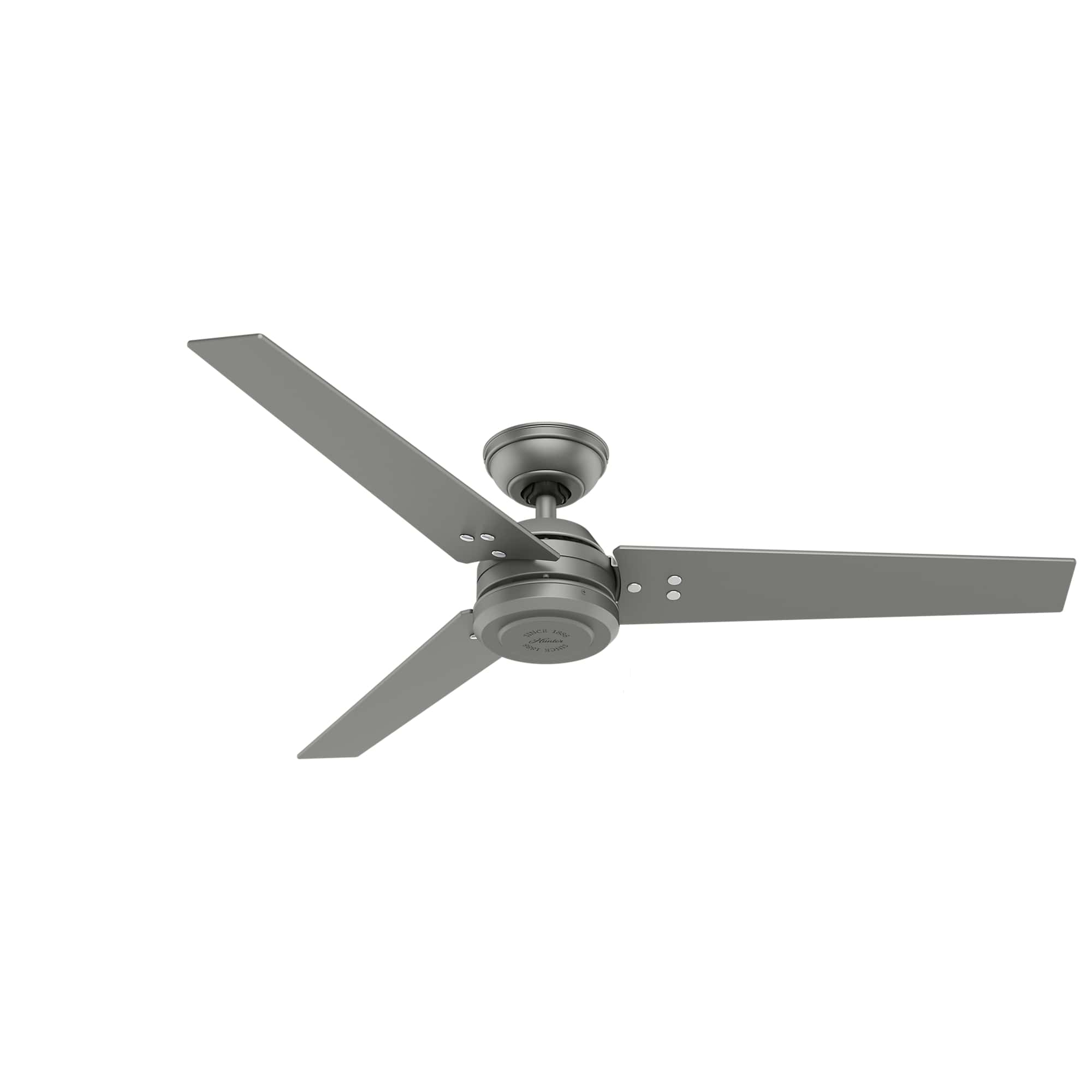 Deckenventilator, drei graue Blätter und ein grauer Motor. Weißer Hintergrund.