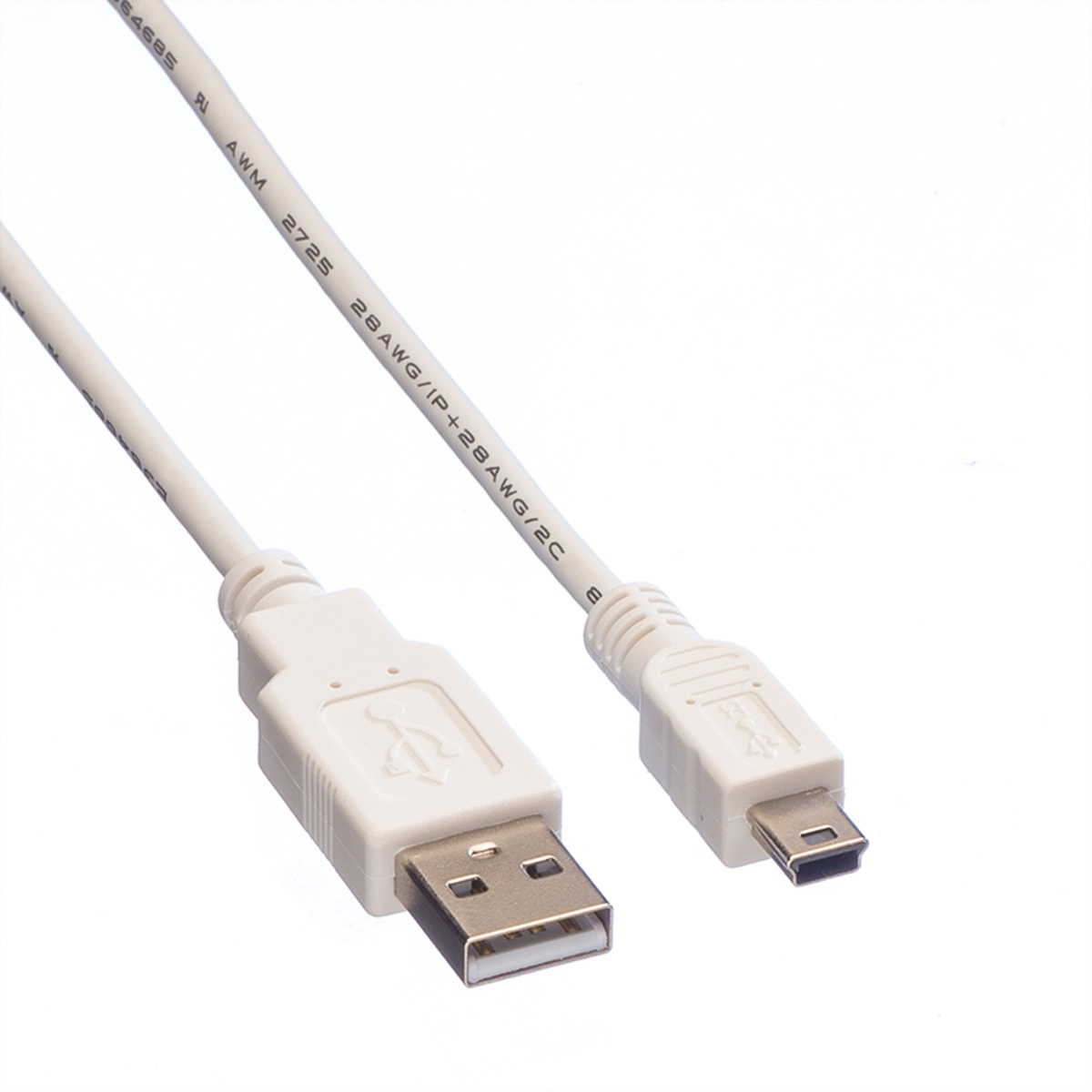 Câble USB vers mini-USB blanc, avec un fond blanc.
