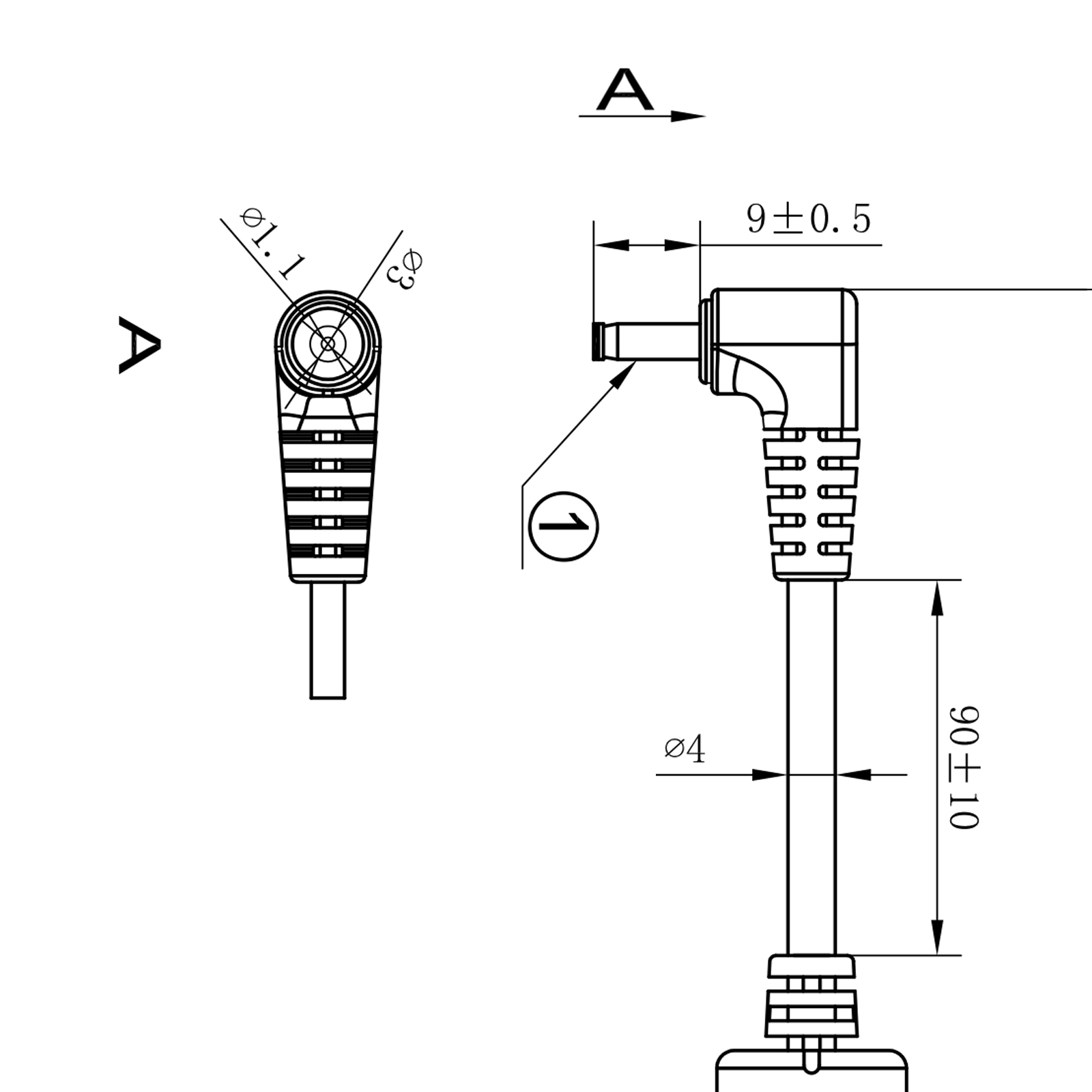 Technische Zeichnung eines rechtwinkligen Stromanschlusses mit Abmessungen und Beschriftungen.
