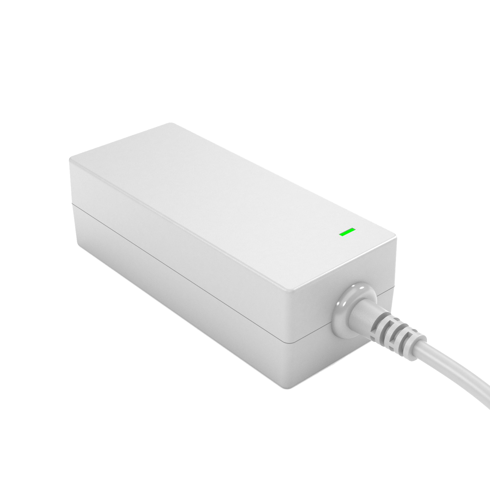 Weißes Netzteil mit grünem Licht und angeschlossenem Kabel.