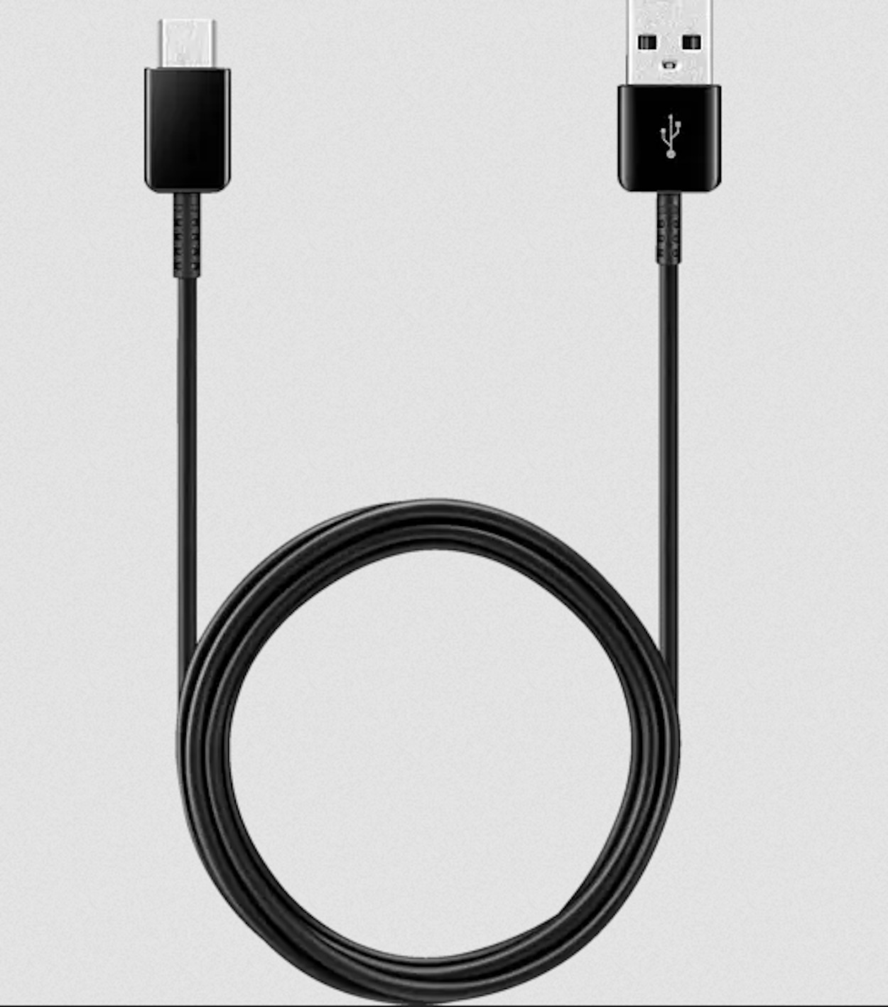 Schwarzes USB-zu-USB-C-Ladekabel. Das Kabel ist aufgerollt.