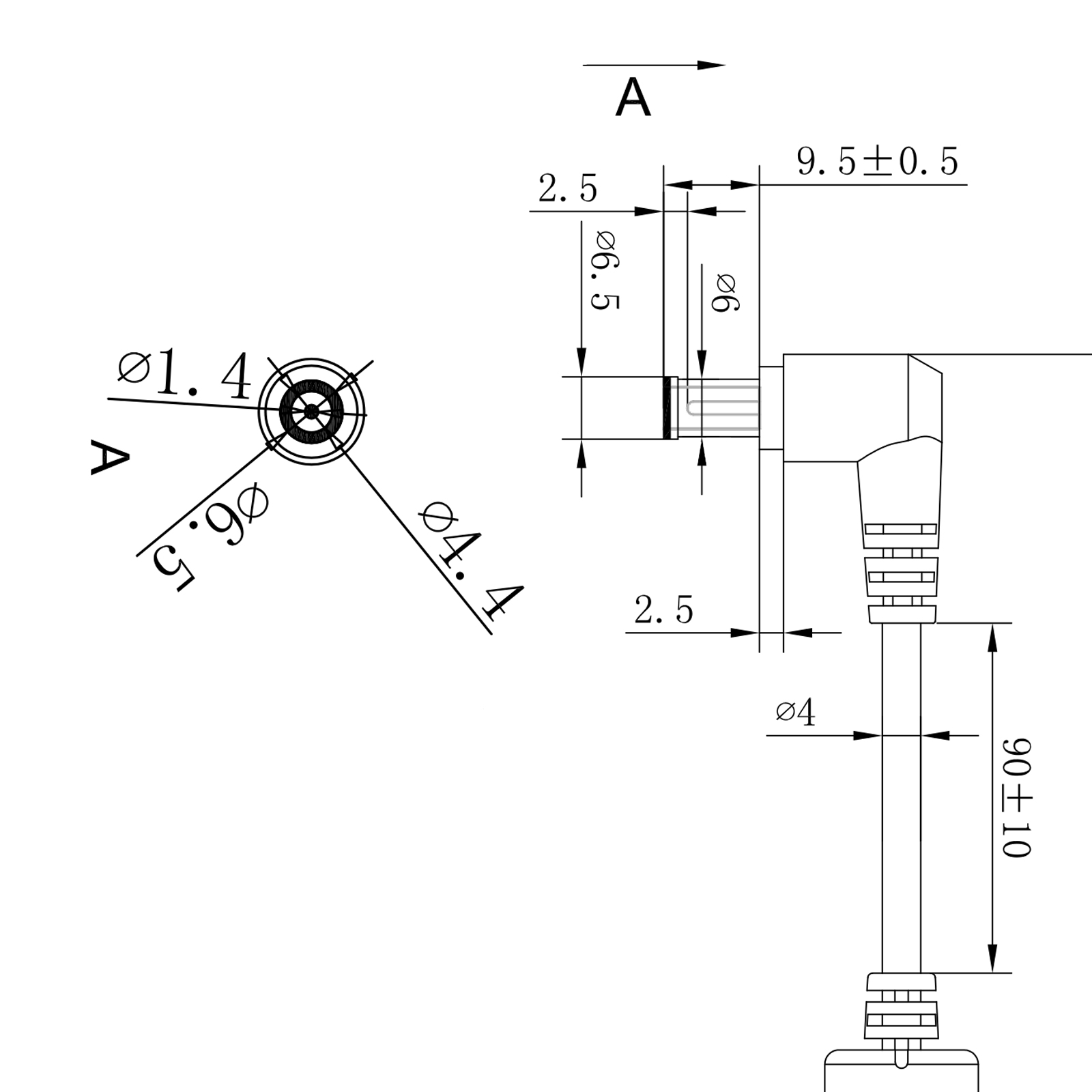 Technische Zeichnung eines Steckers. Zeigt Abmessungen und Winkel. Linien, Kreise und Messungen sind vorhanden.