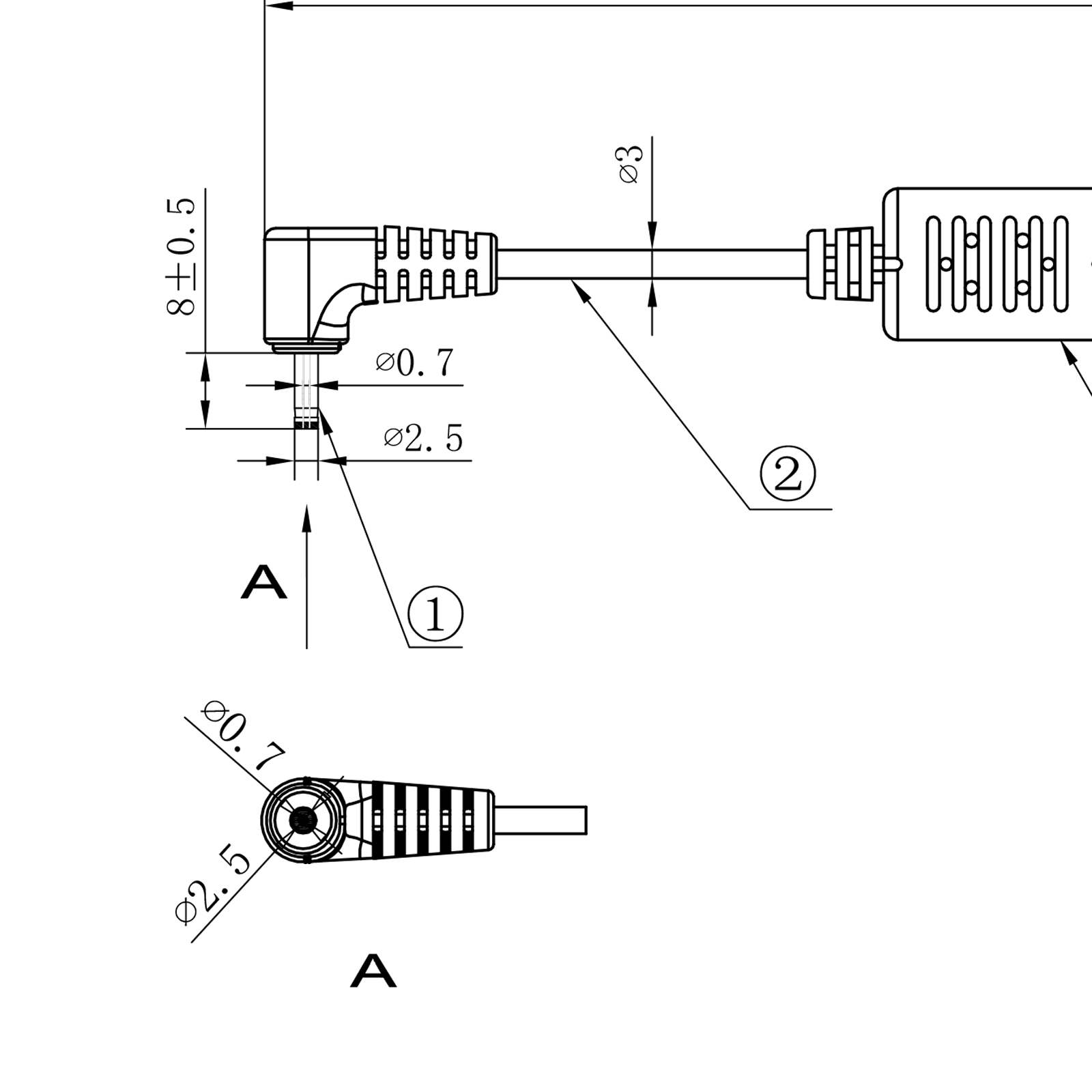 Technische Zeichnung eines Kabels mit Maßen. Das Kabel hat einen Stecker und einen Stecker.