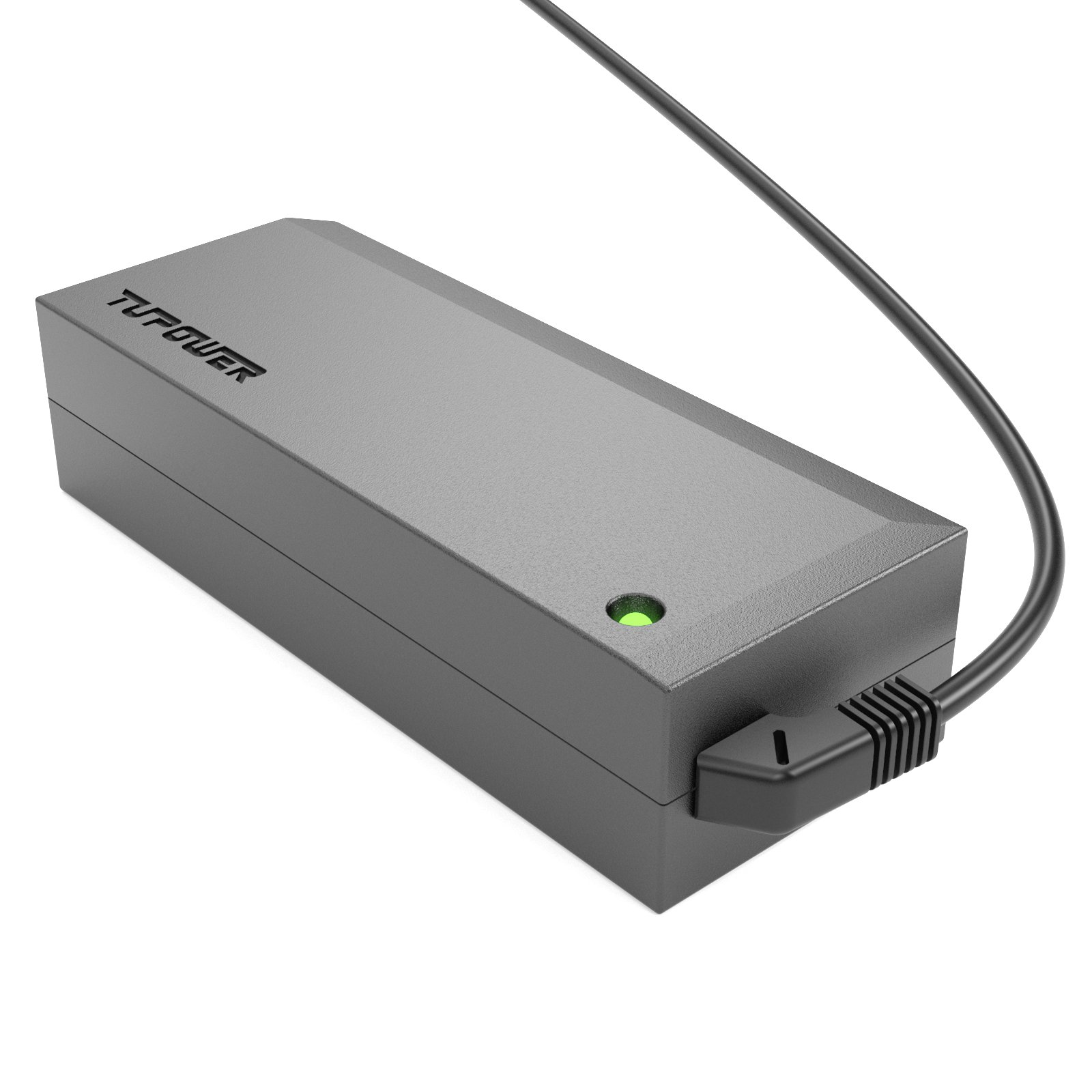 Graues TUPOWER-Ladegerät mit grünem Licht. Ein Kabel ragt aus dem Ladegerät heraus.