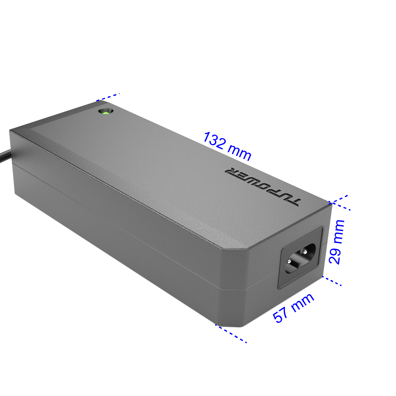 Grauer Netzadapter mit beschrifteten Abmessungen. Schwarzes Kabel und Stecker. TUPower-Text oben.