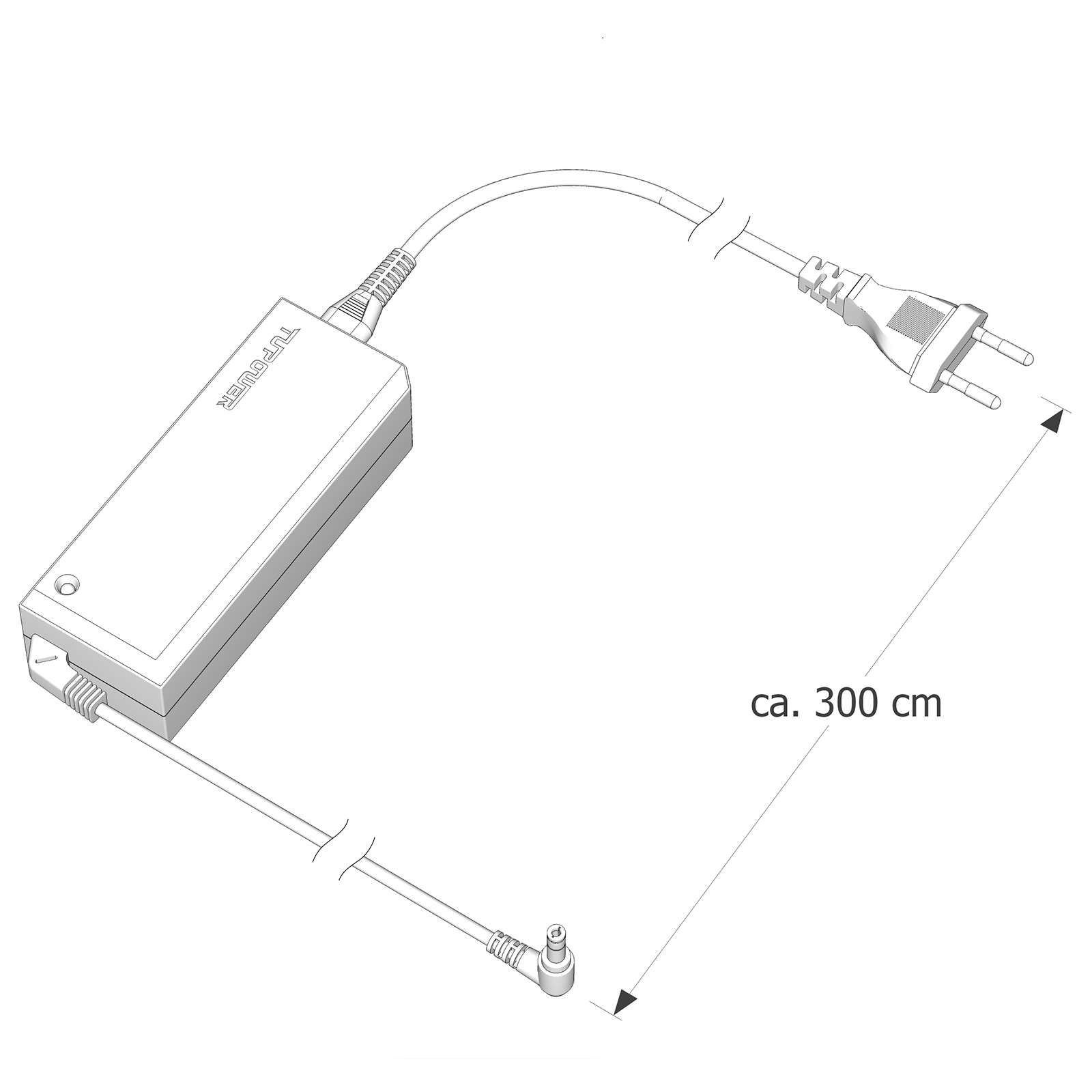 Eine schematische Darstellung eines Netzteils mit Stecker und abgewinkeltem Anschluss, Strichzeichnung.