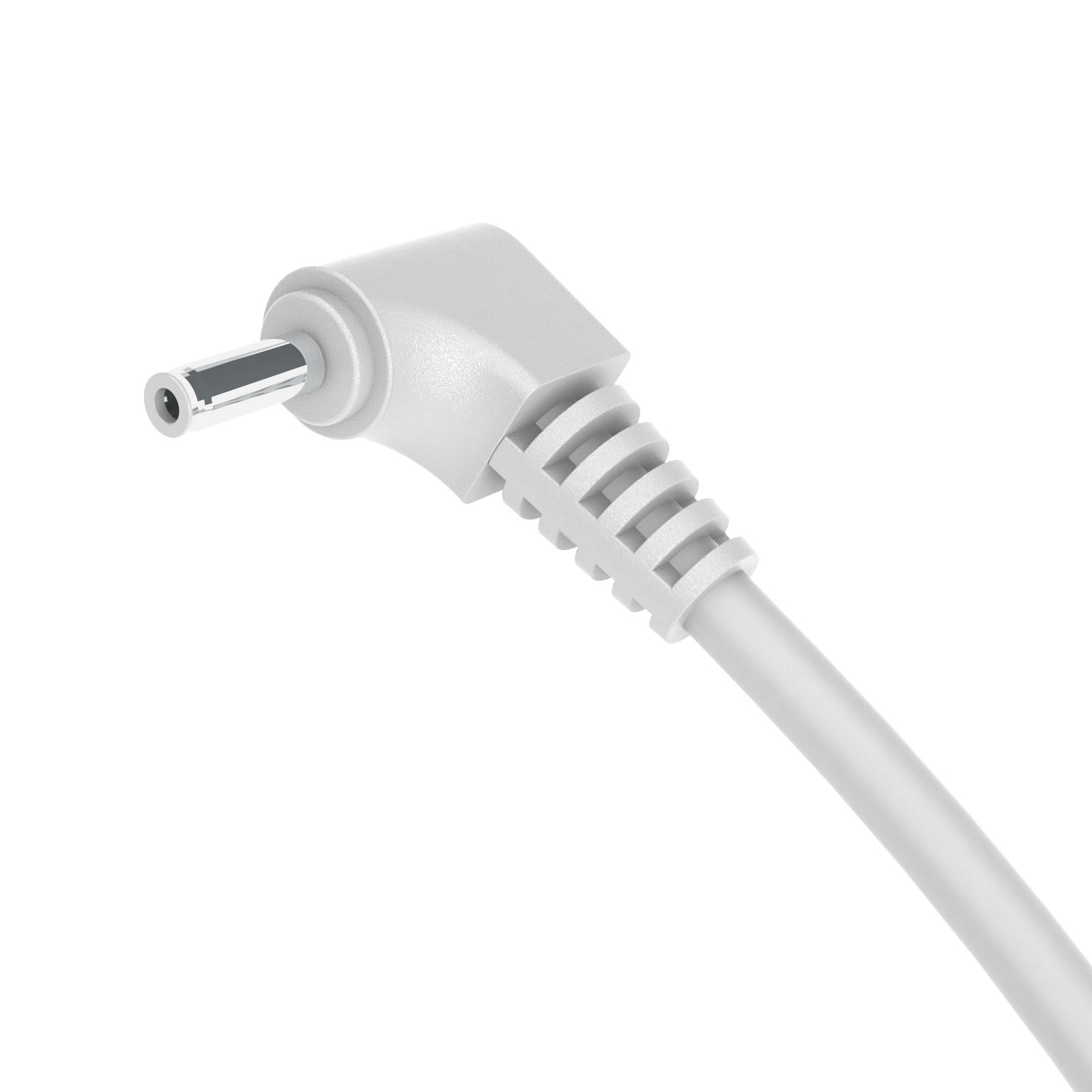 Weißes Netzteil mit grauem abgewinkeltem Stecker.