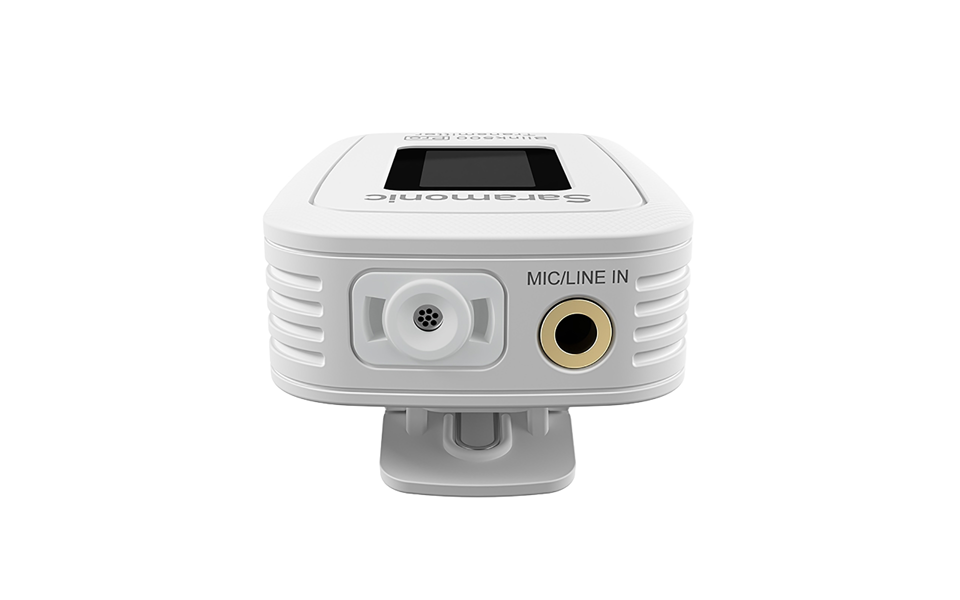 Ein kleines weißes Saramonic Blink500 Pro Mikrofon, mit MIC/LINE IN Anschluss und Display, nach vorne gerichtet.