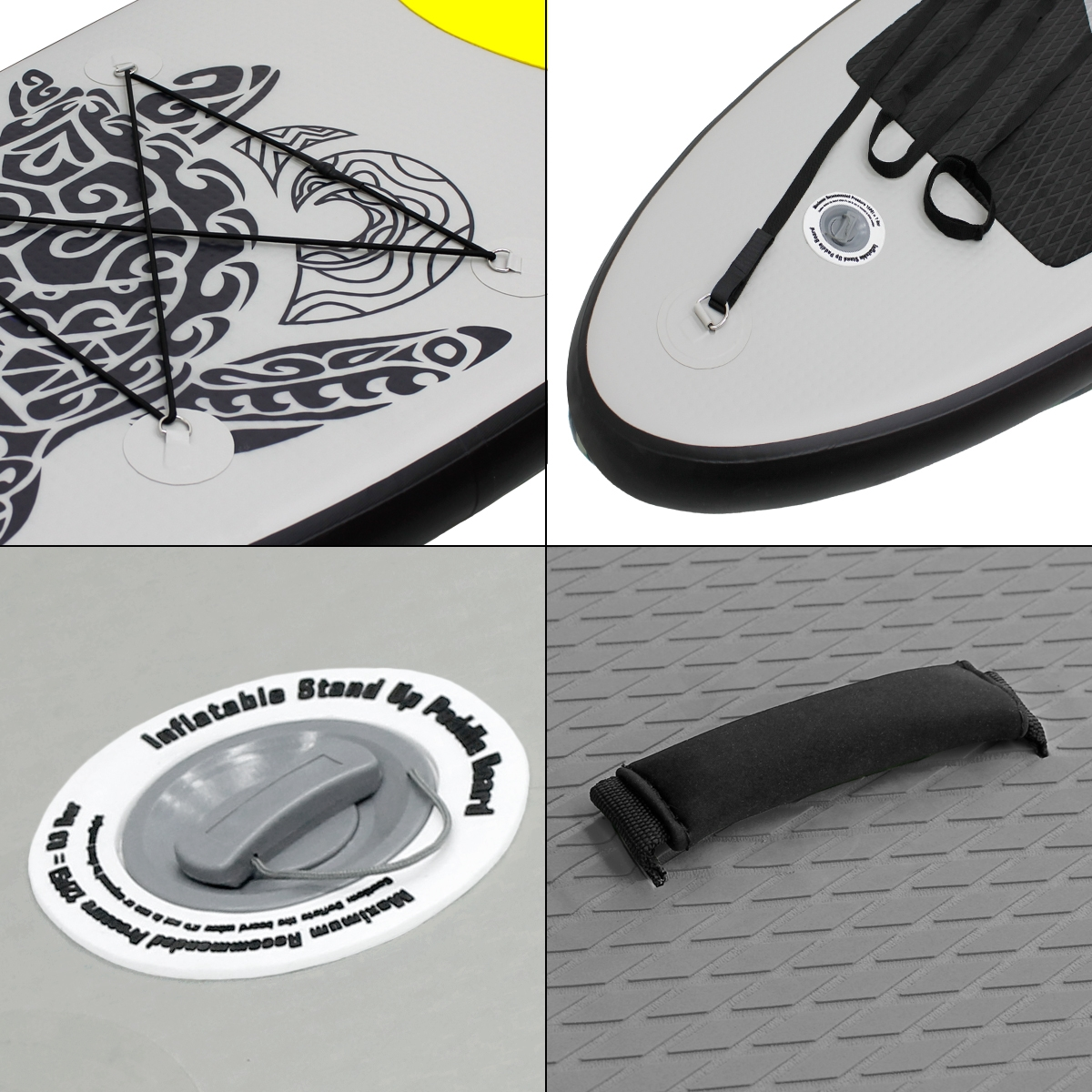 Nahaufnahme eines Stand-Up-Paddleboards mit verschiedenen Komponenten, einschließlich Tribal-Design.