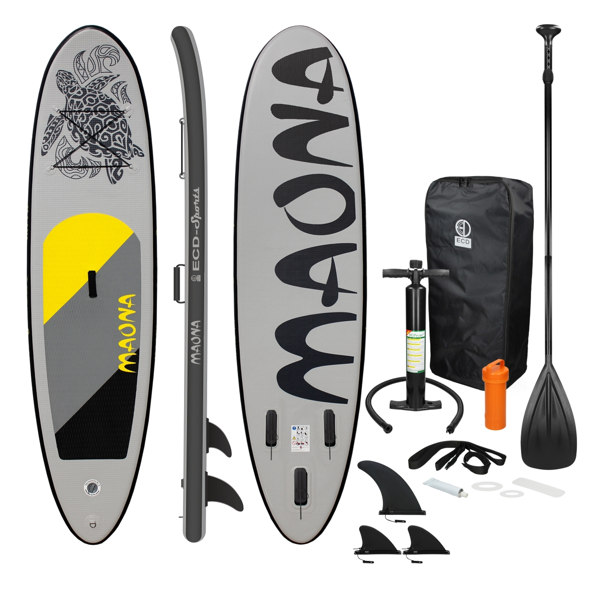 SUP-Board-Set mit drei Boards, Paddel, Tasche, Pumpe, Flossen und Zubehör.