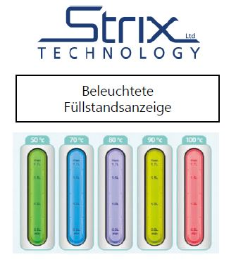 Indicatori di livello dell'acqua Strix Technology. Mostrano diversi livelli di temperatura con codifica a colori.