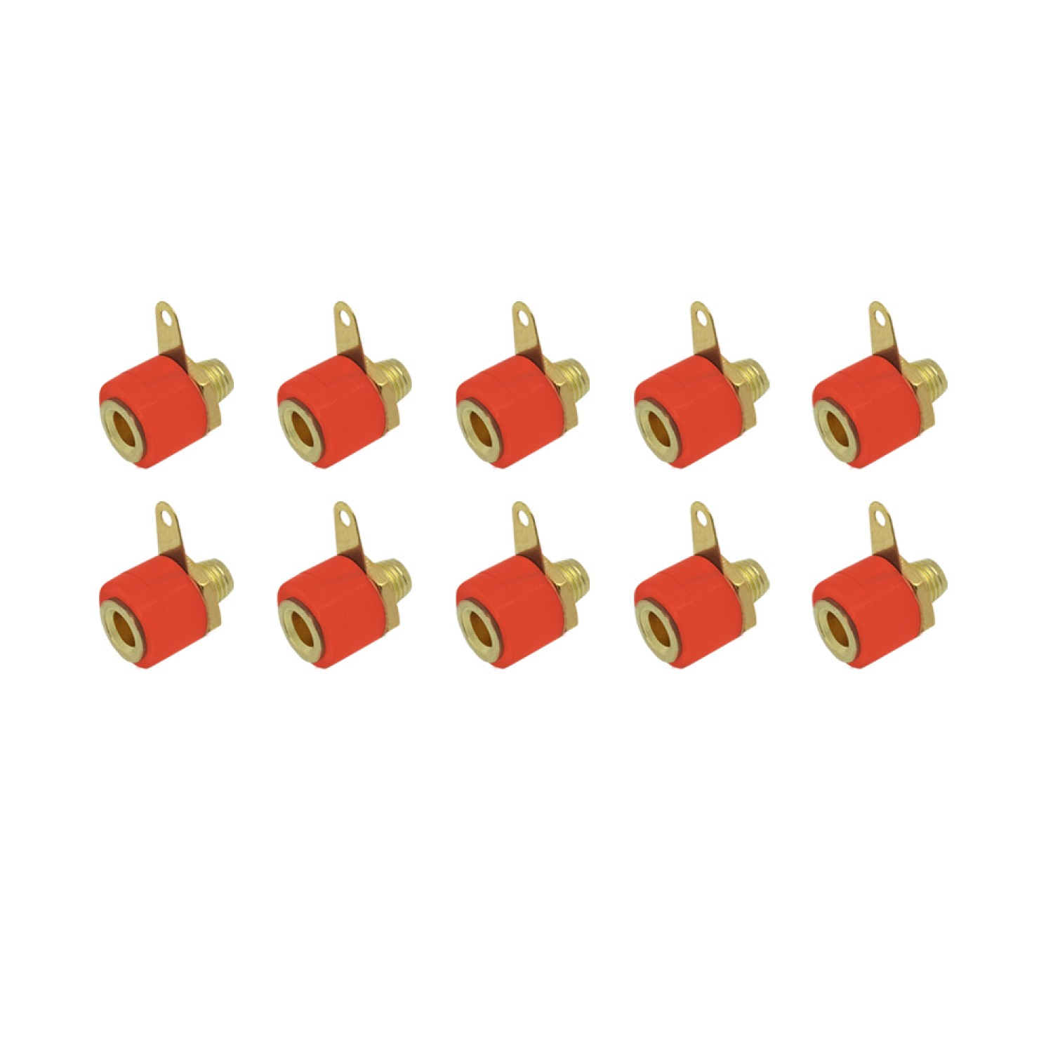 Zehn rote und goldene Stecker mit goldenen Stiften. Weißer Hintergrund.