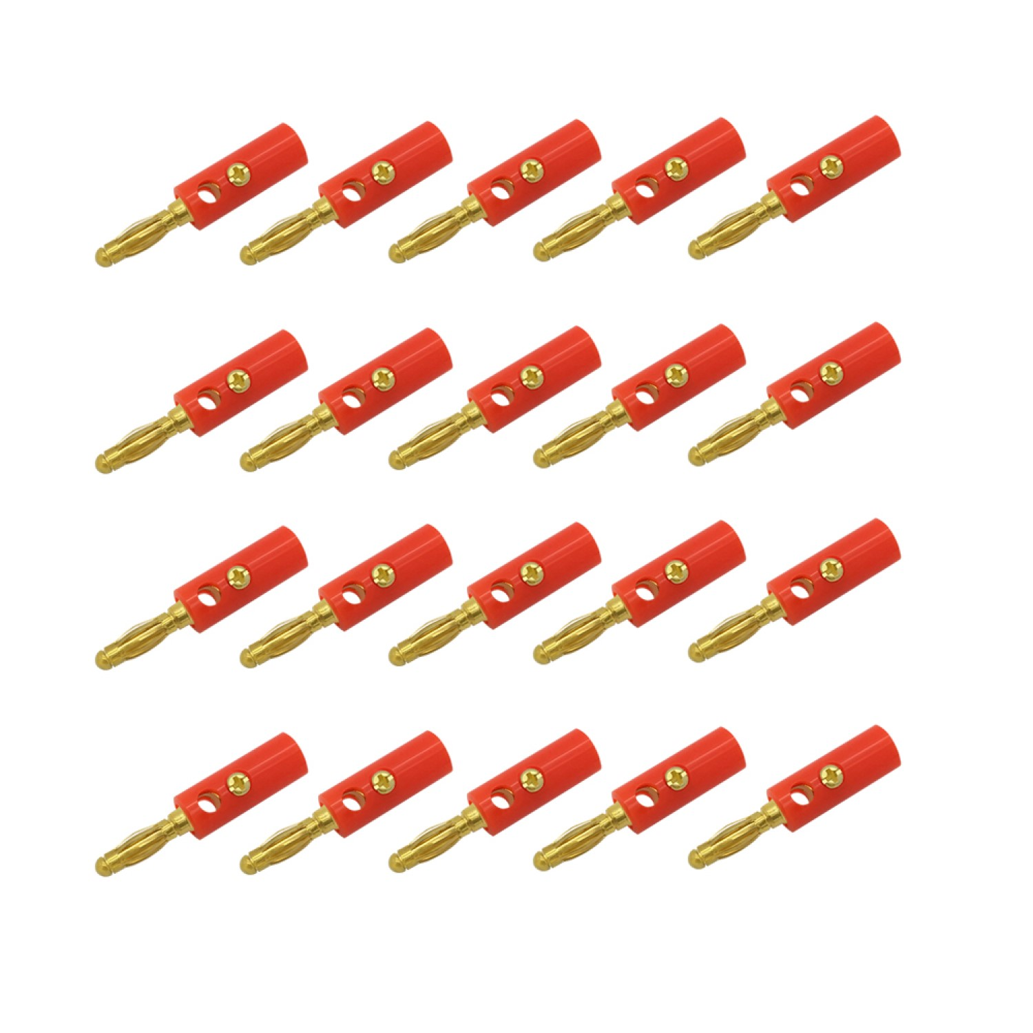 Anordnung von roten und goldenen Bananensteckern. Sie werden für elektrische Verbindungen verwendet.