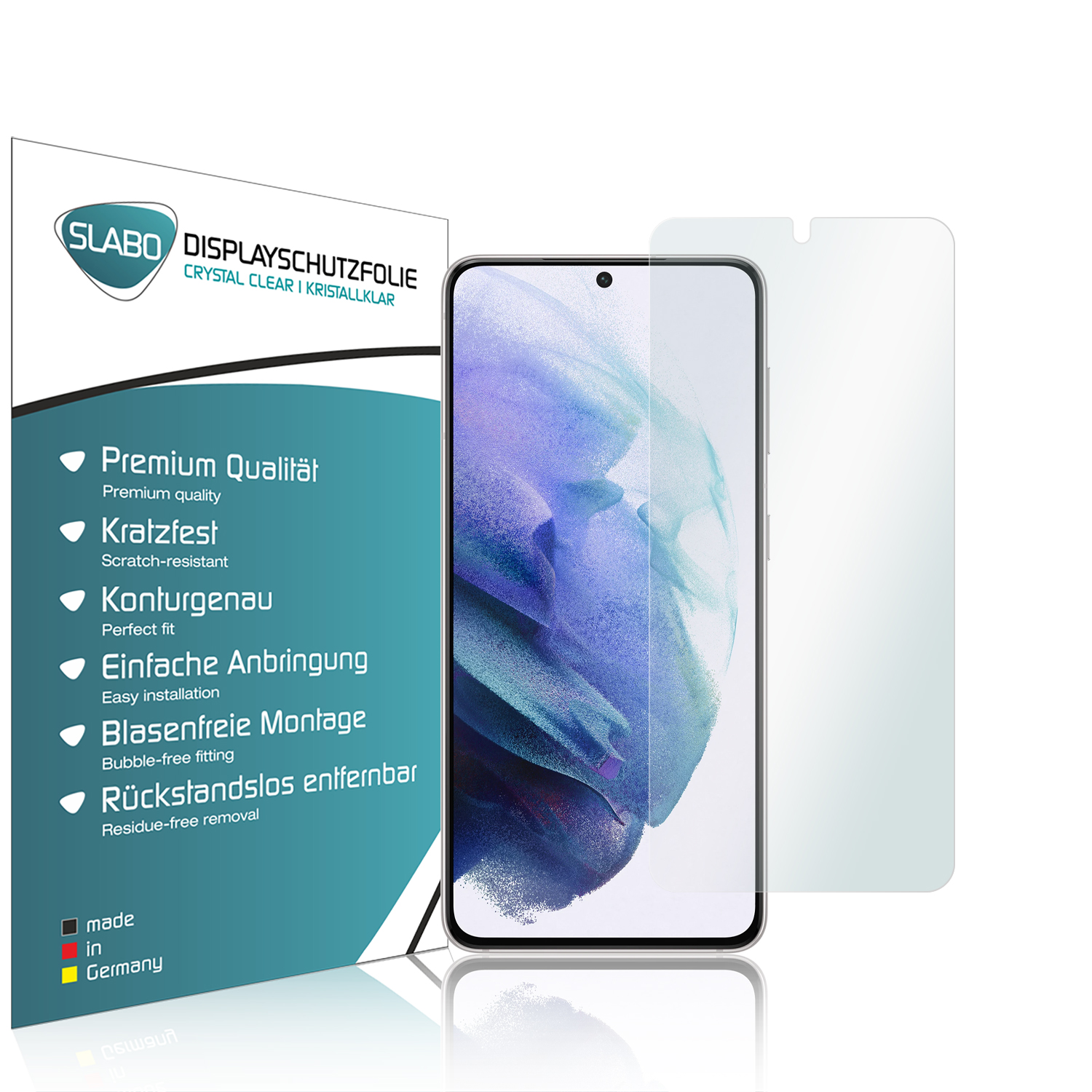 Ein Smartphone mit Displayschutzfolie, neben der Verpackung des Schutzes.