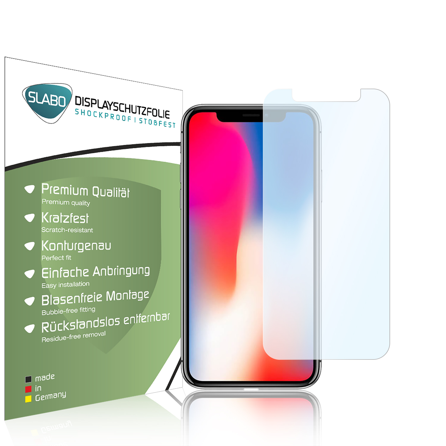 Displayschutzfolie mit Text für Telefon mit pinkem und rotem Bildschirm.