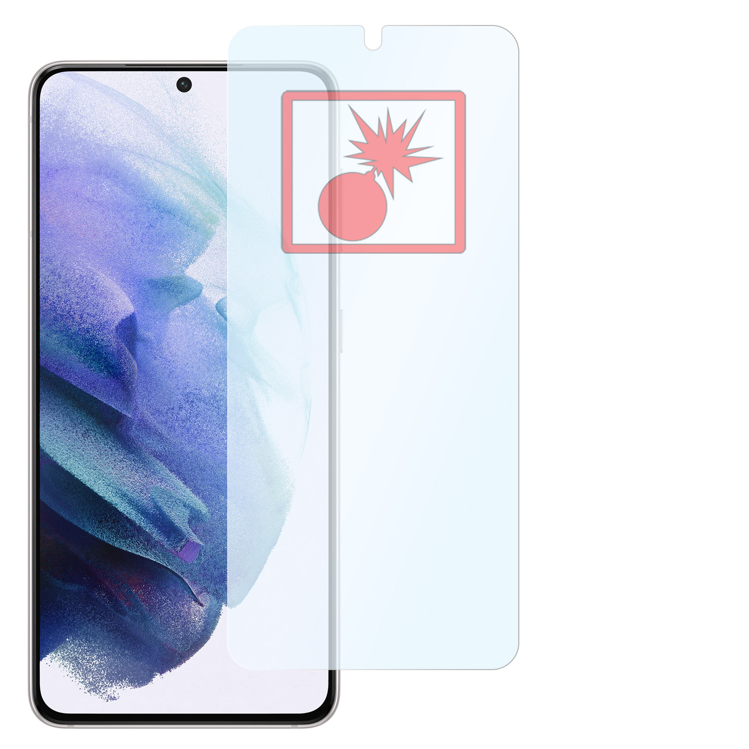 Smartphone mit Displayschutz, rotes Explosionssymbol. Auf weißem Hintergrund.