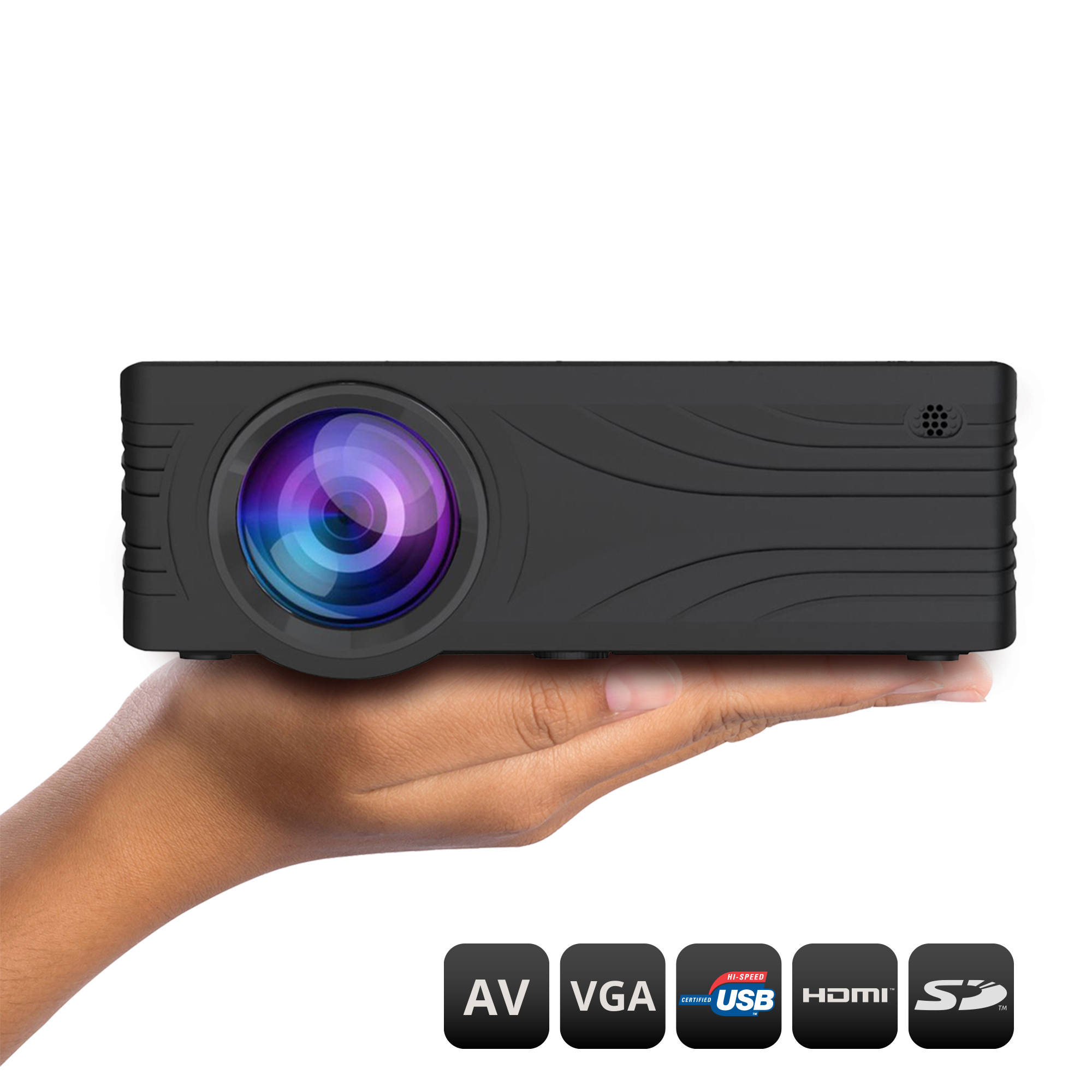 Un proiettore nero tenuto in mano, con icone AV, VGA, USB, HDMI e scheda SD sottostanti.