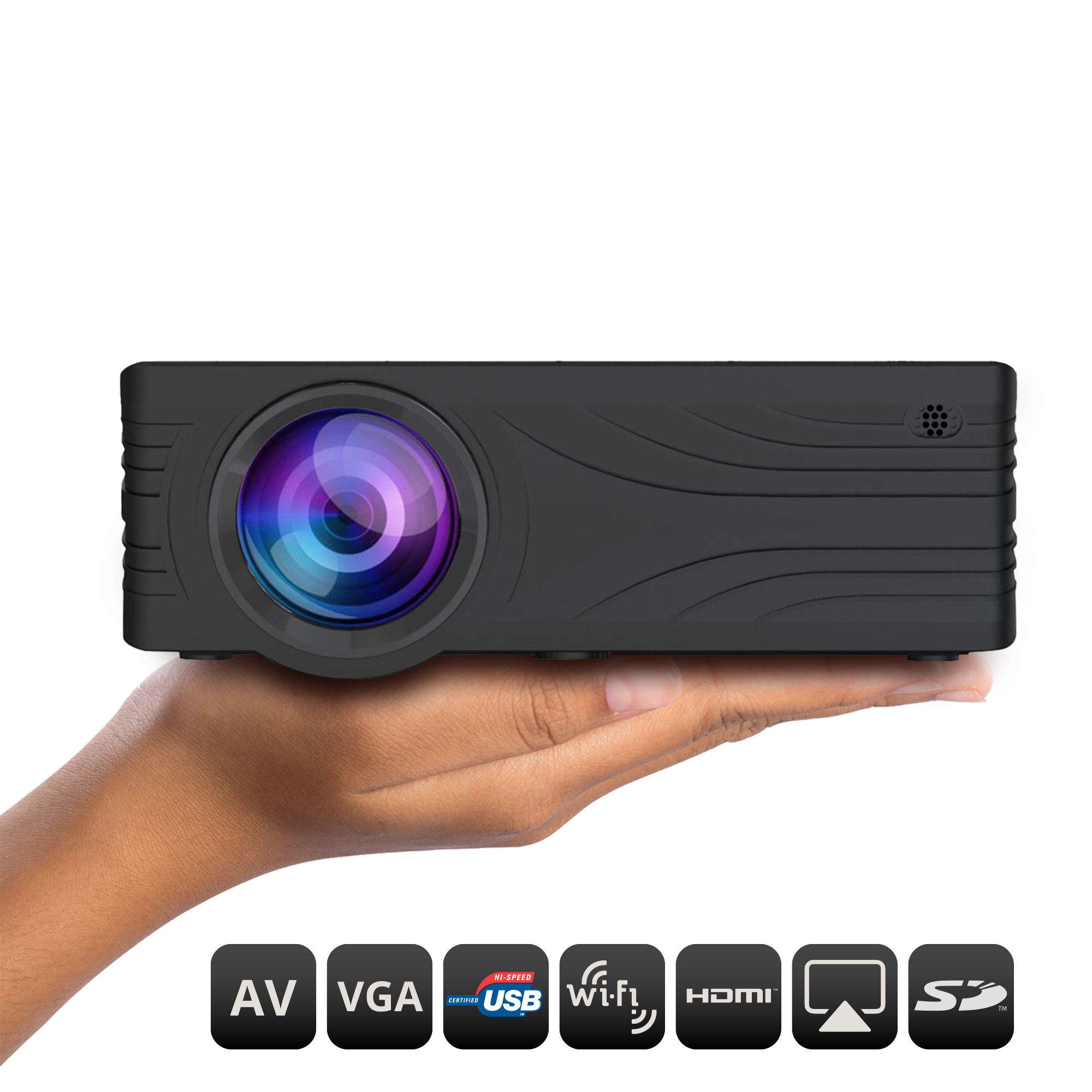 Un proyector negro es sostenido por una mano. El proyector tiene una lente y símbolos de función debajo.
