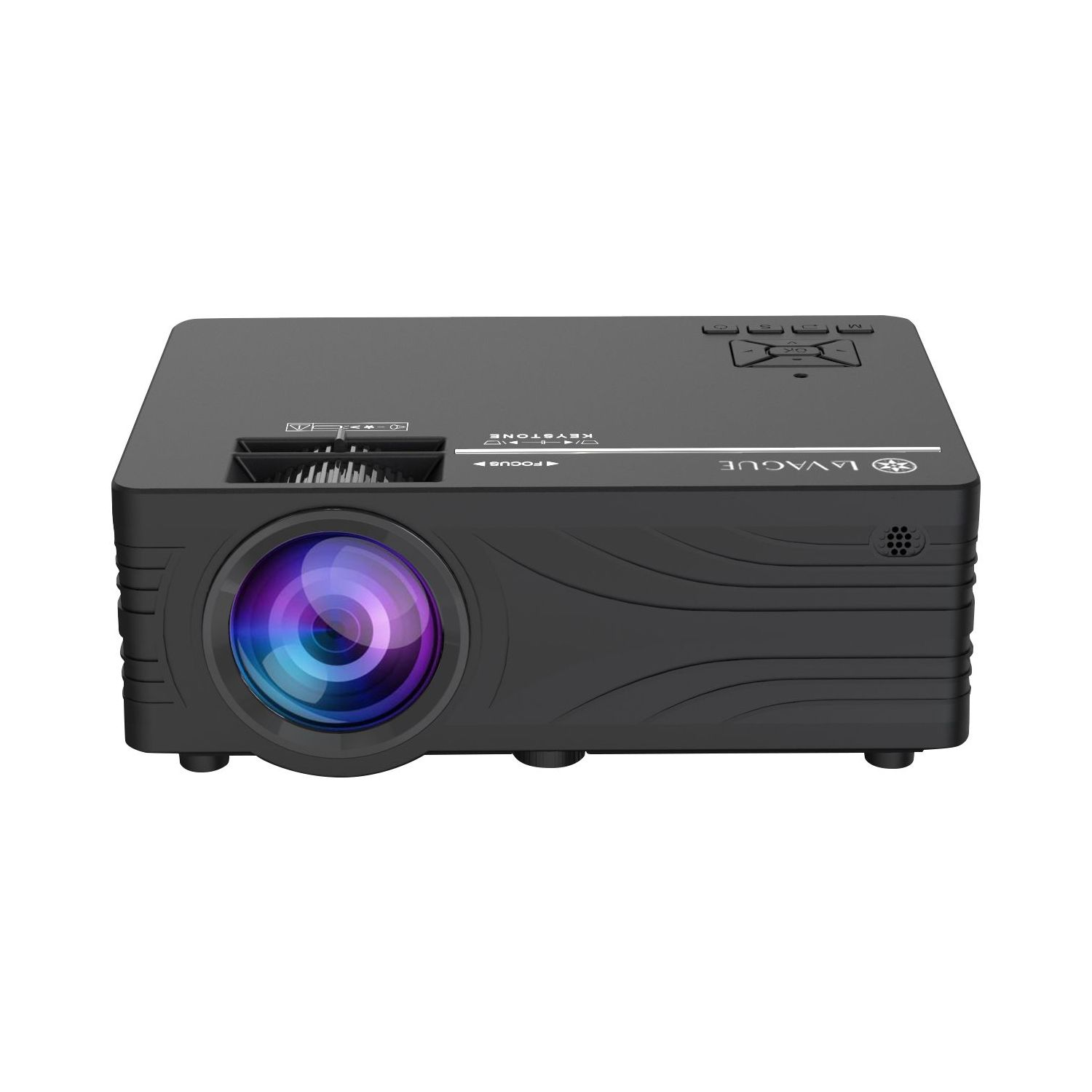 Proyector negro con múltiples botones y una lente.