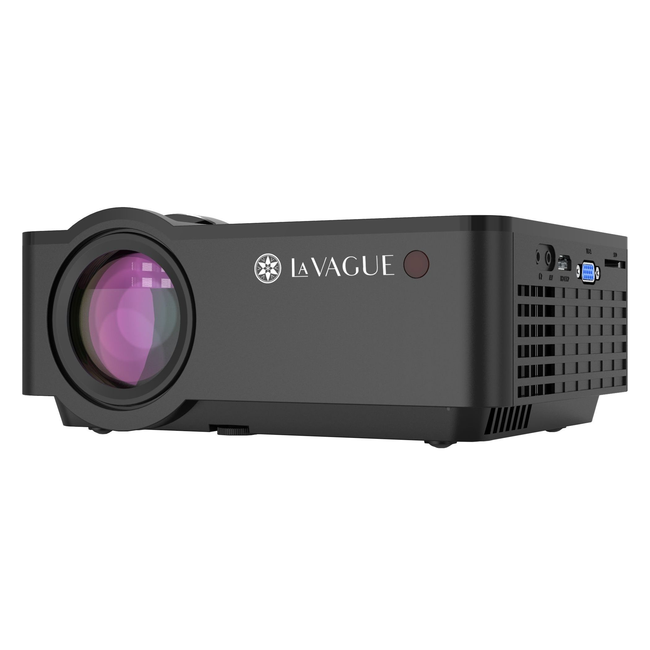 Projecteur noir avec objectif et panneau de commande. La marque est 'LA VAGUE'. Fond blanc.