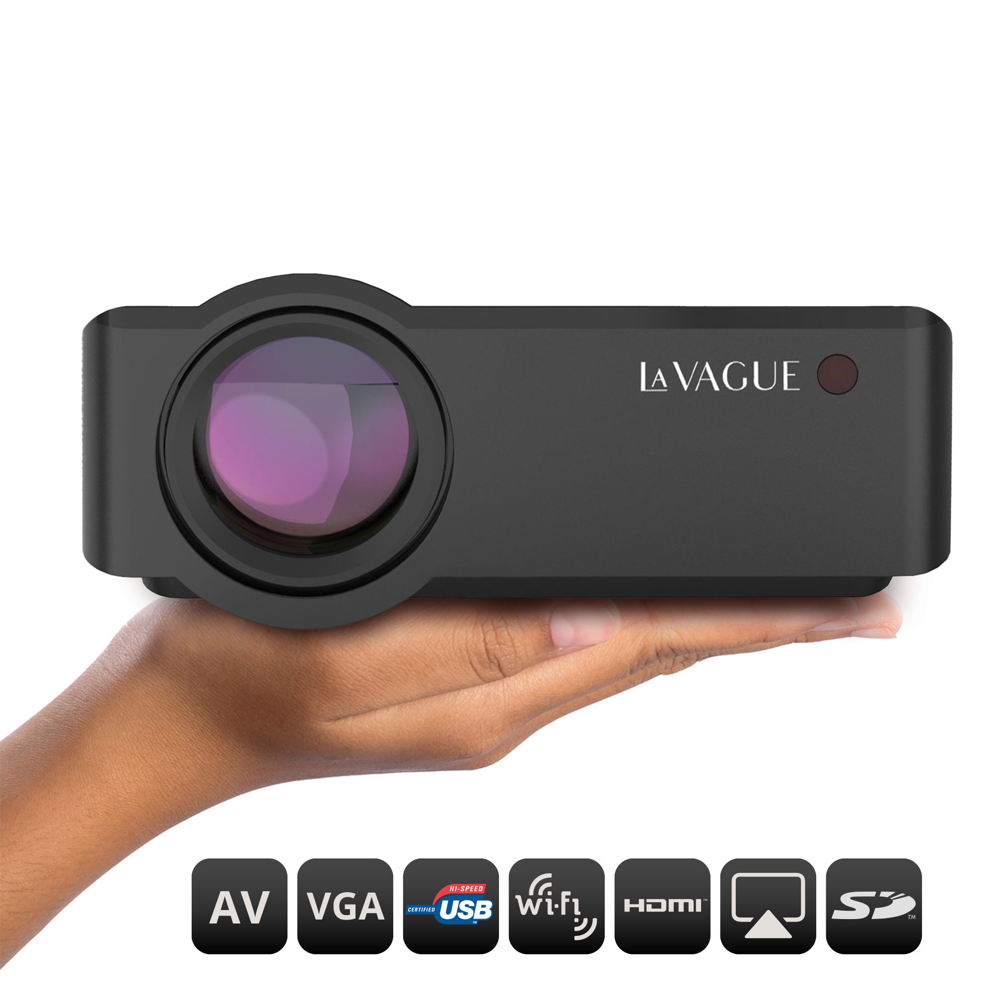 Projecteur noir tenu par une main, avec diverses icônes de connectivité. La marque est 'LAVAQUE'.