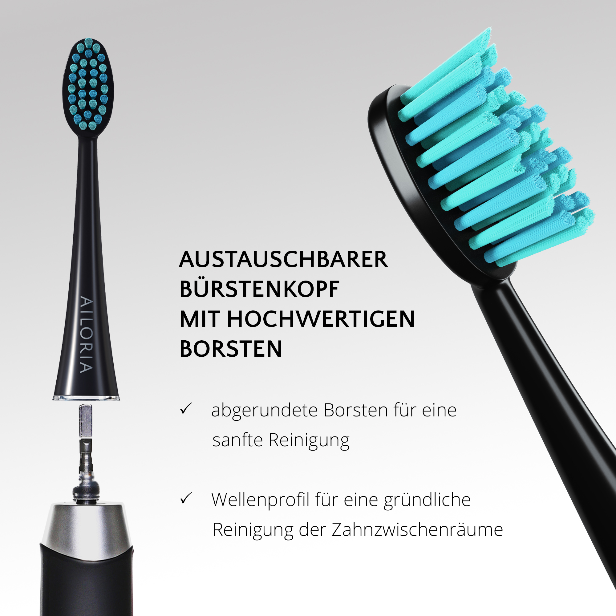 Zwei schwarze und türkisfarbene Zahnbürsten. Text: Austauschbarer Bürstenkopf mit hochwertigen Borsten.