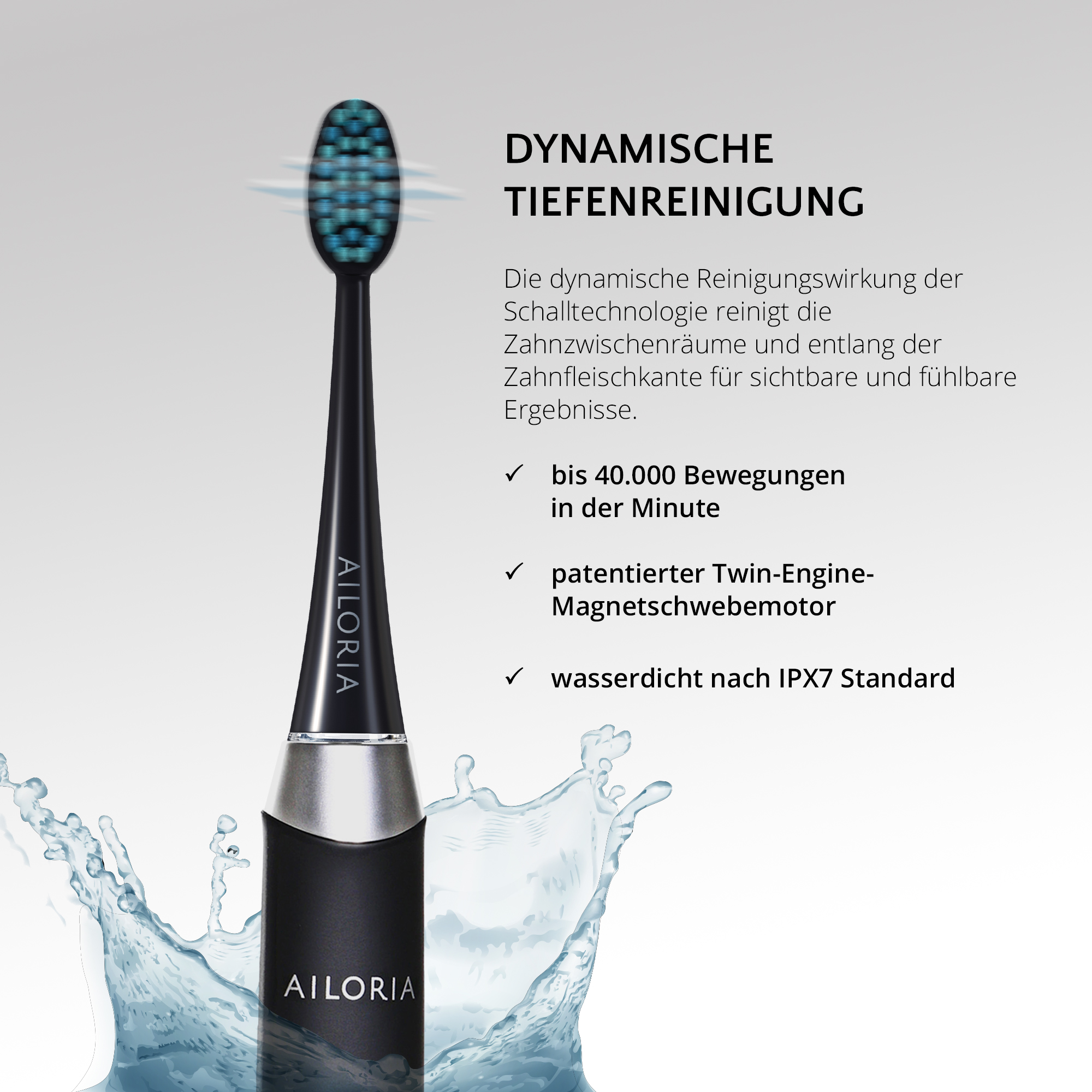 Schwarze elektrische Zahnbürste mit blauen Borsten und Text vor weißem Hintergrund. Wasserspritzer unten.