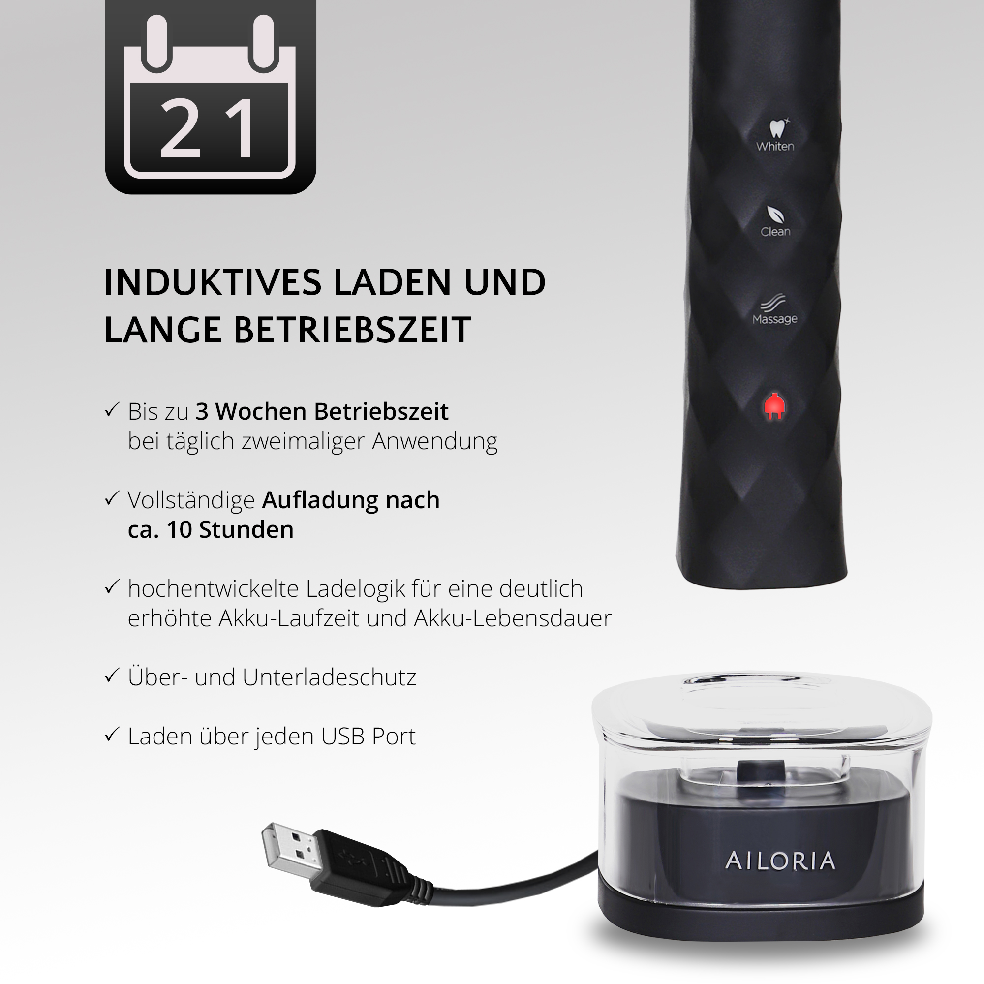 USB & schwarz-silber BRIGHT Power SHINE Schallzahnbürste Plug AILORIA