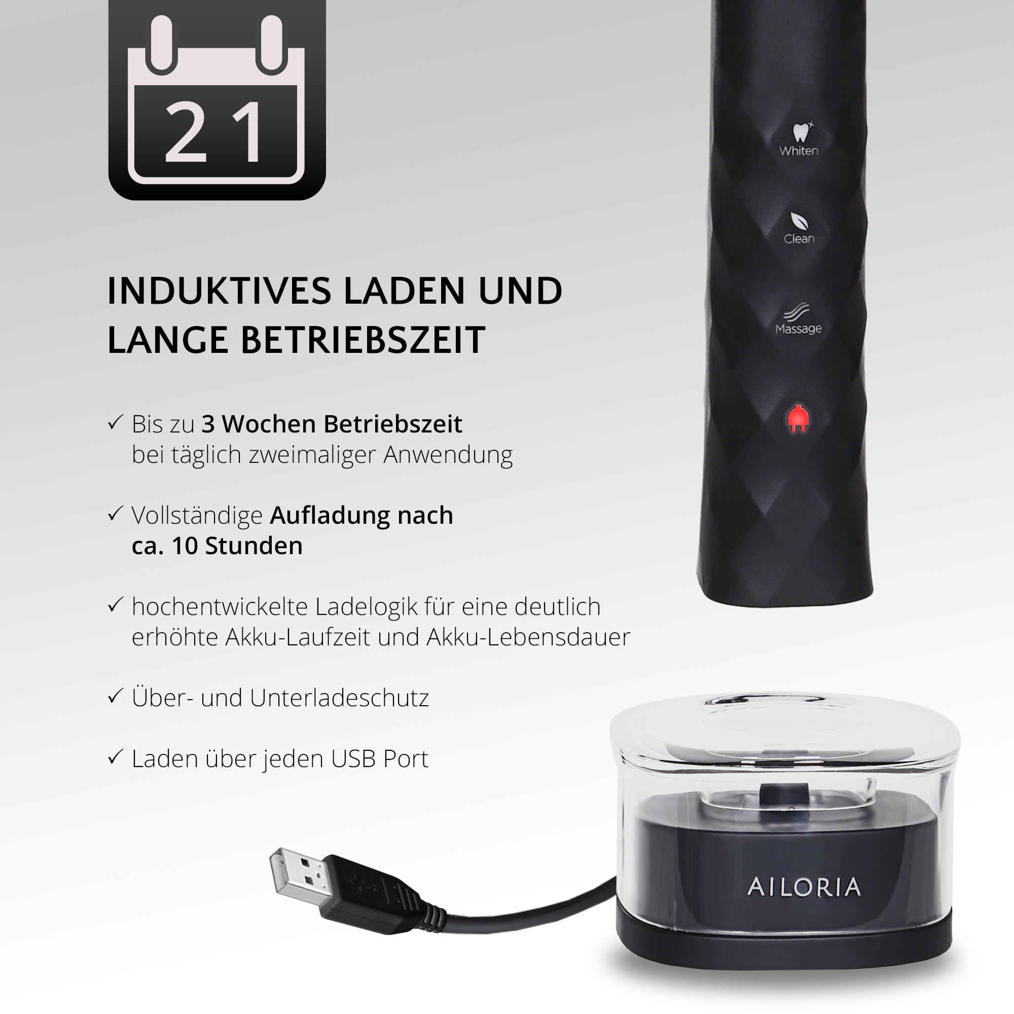 Schwarze Zahnbürste mit Ladestation und USB-Kabel. Text erklärt Funktionen auf der linken Seite.