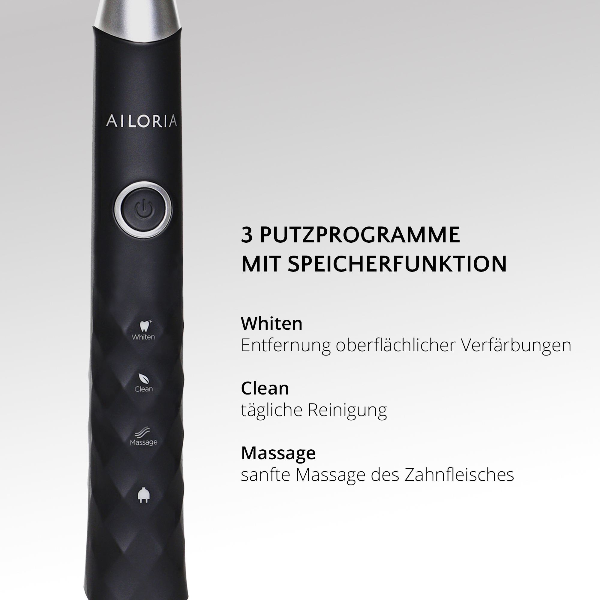 Schwarze elektrische Zahnbürste mit Text und Symbolen: reinigen, aufhellen, massieren. Weißer Hintergrund.